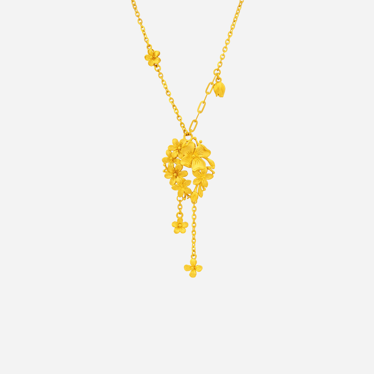 vibrant bloom necklace in 24k yellow gold featuring sculpted floral designs and cascading tassels for a graceful look.