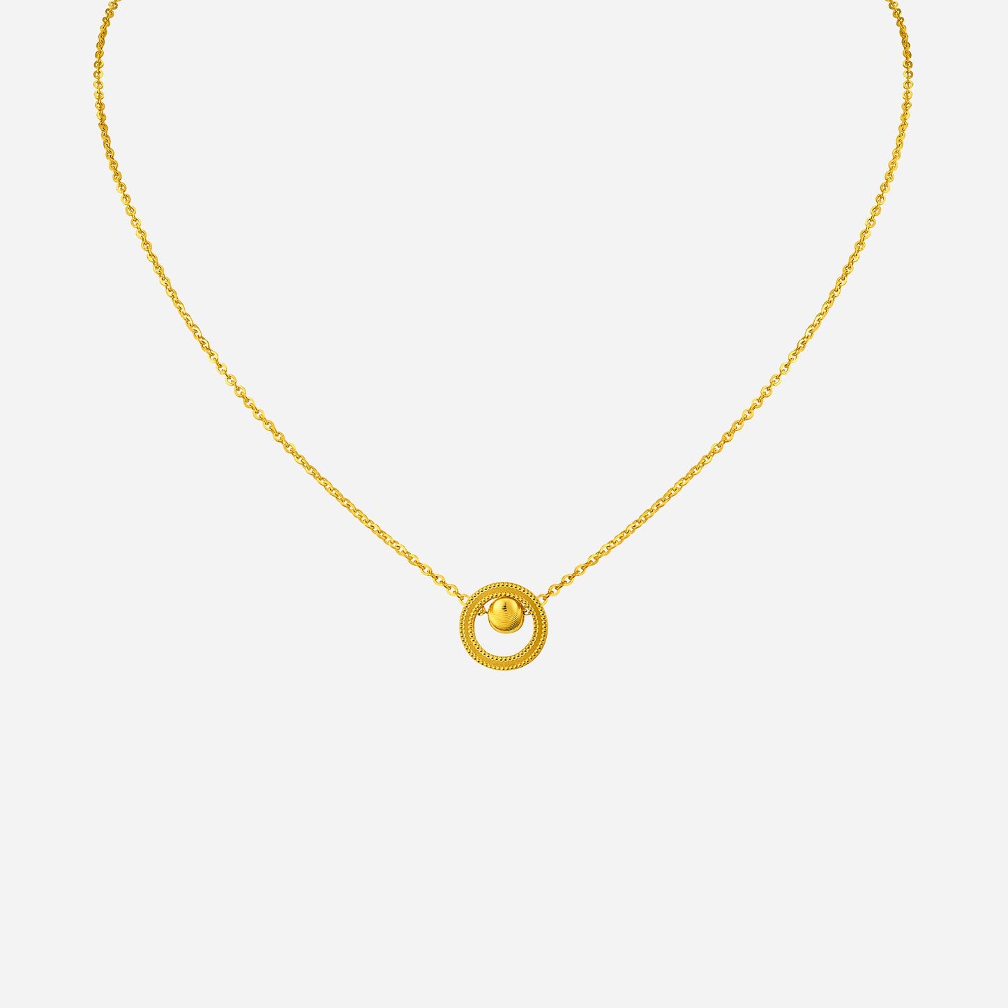 circle bead necklace in 24k yellow gold with textured circular pendant, symbolizing eternity and bravery.