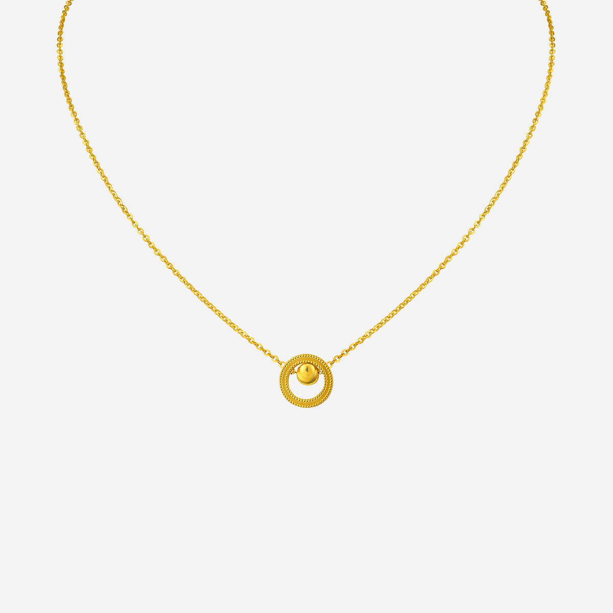 circle bead necklace in 24k yellow gold with a textured circular pendant, perfect for everyday wear.