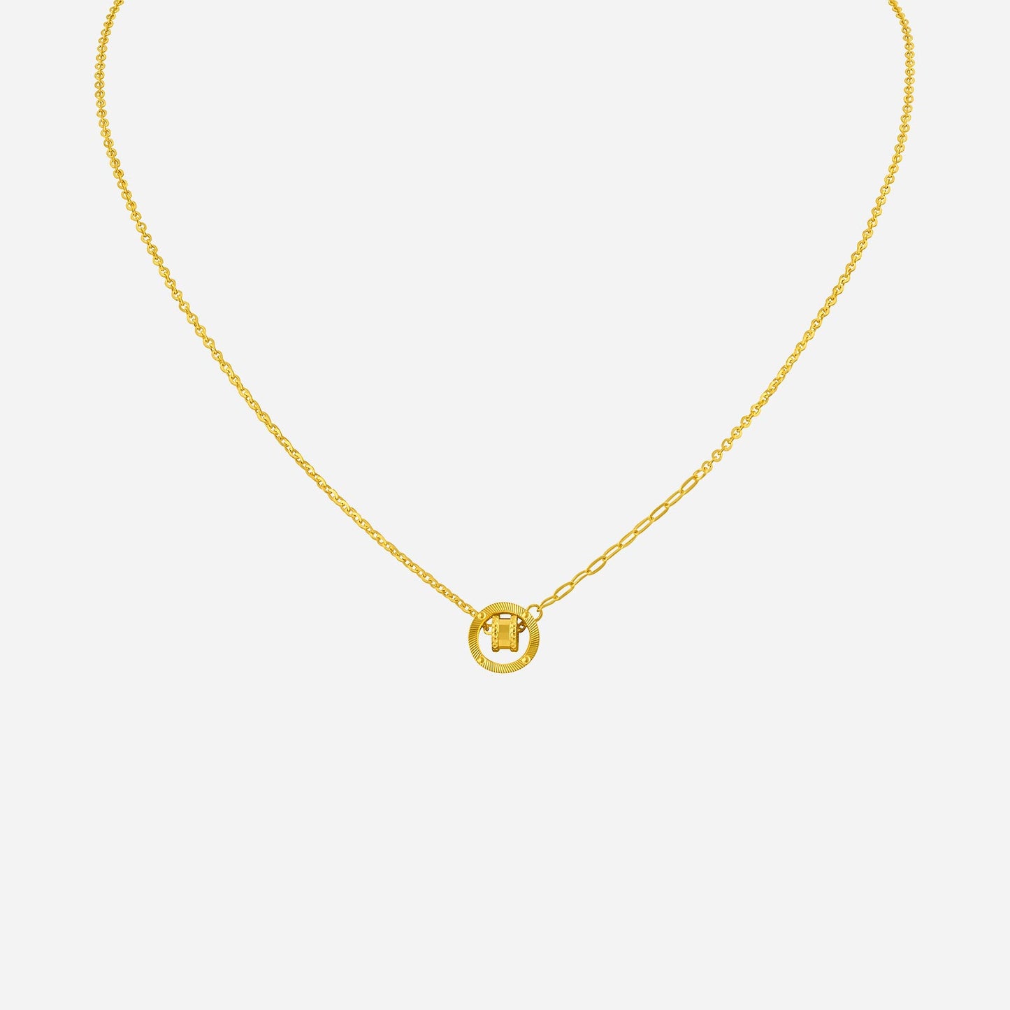 circle barrel necklace in 24k yellow gold with a delicate chain and circular pendant design for everyday elegance.