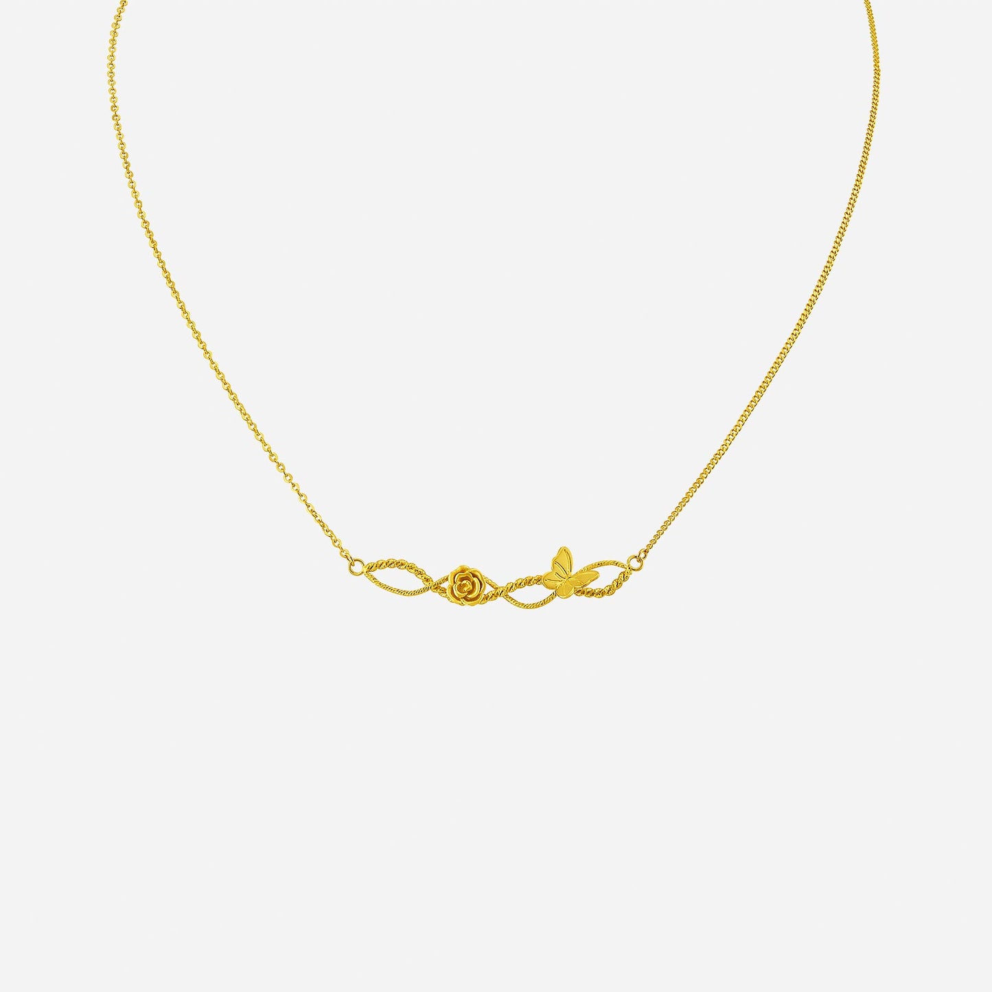 rose & butterfly necklace in 24k yellow gold with a floral and butterfly design, showcasing nature's harmony.