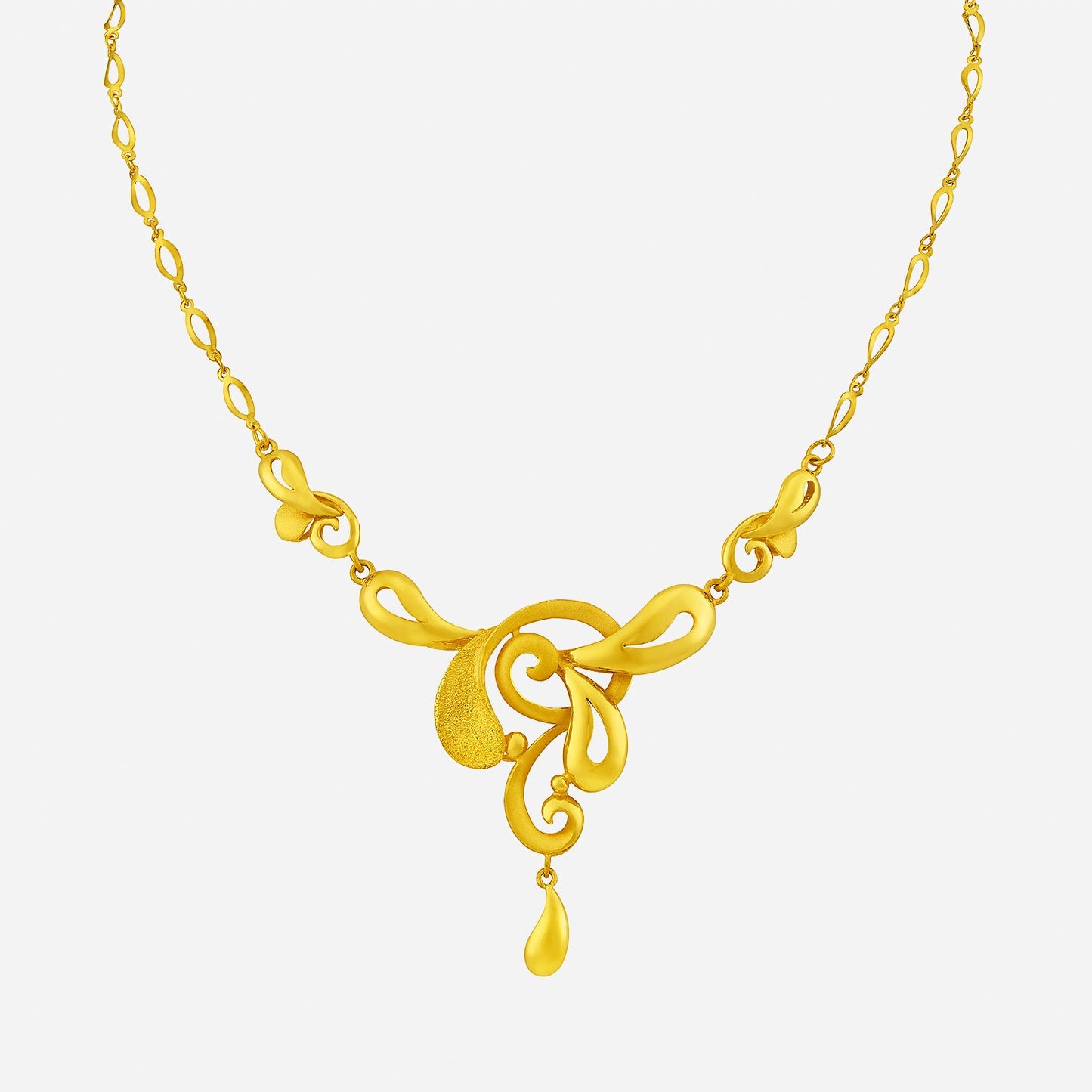 24k yellow gold sprouting blossom necklace with an elegant, flowing design and a teardrop pendant accent.