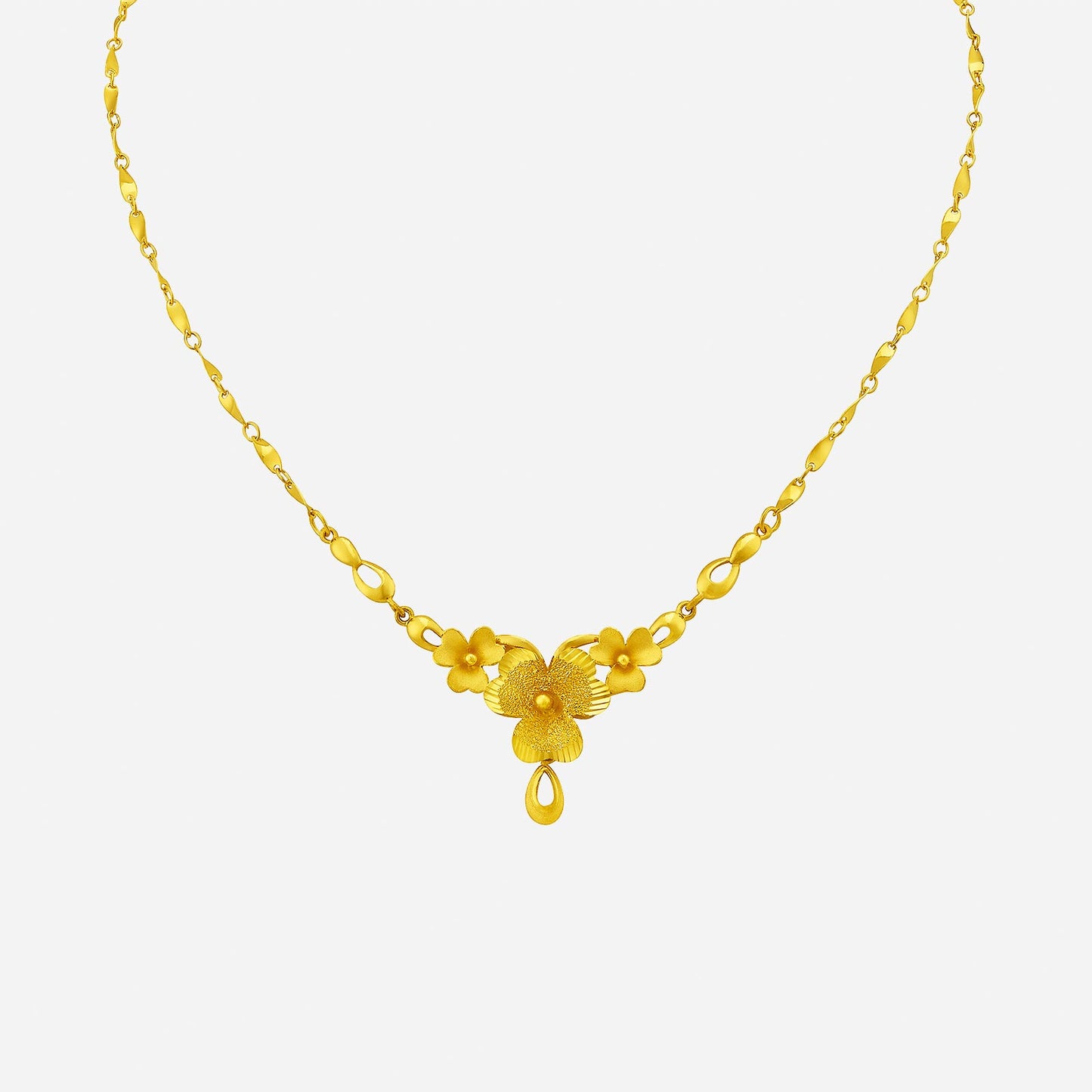 flourishing blossom necklace in 24k yellow gold with floral design and a teardrop pendant. perfect for elegant occasions.