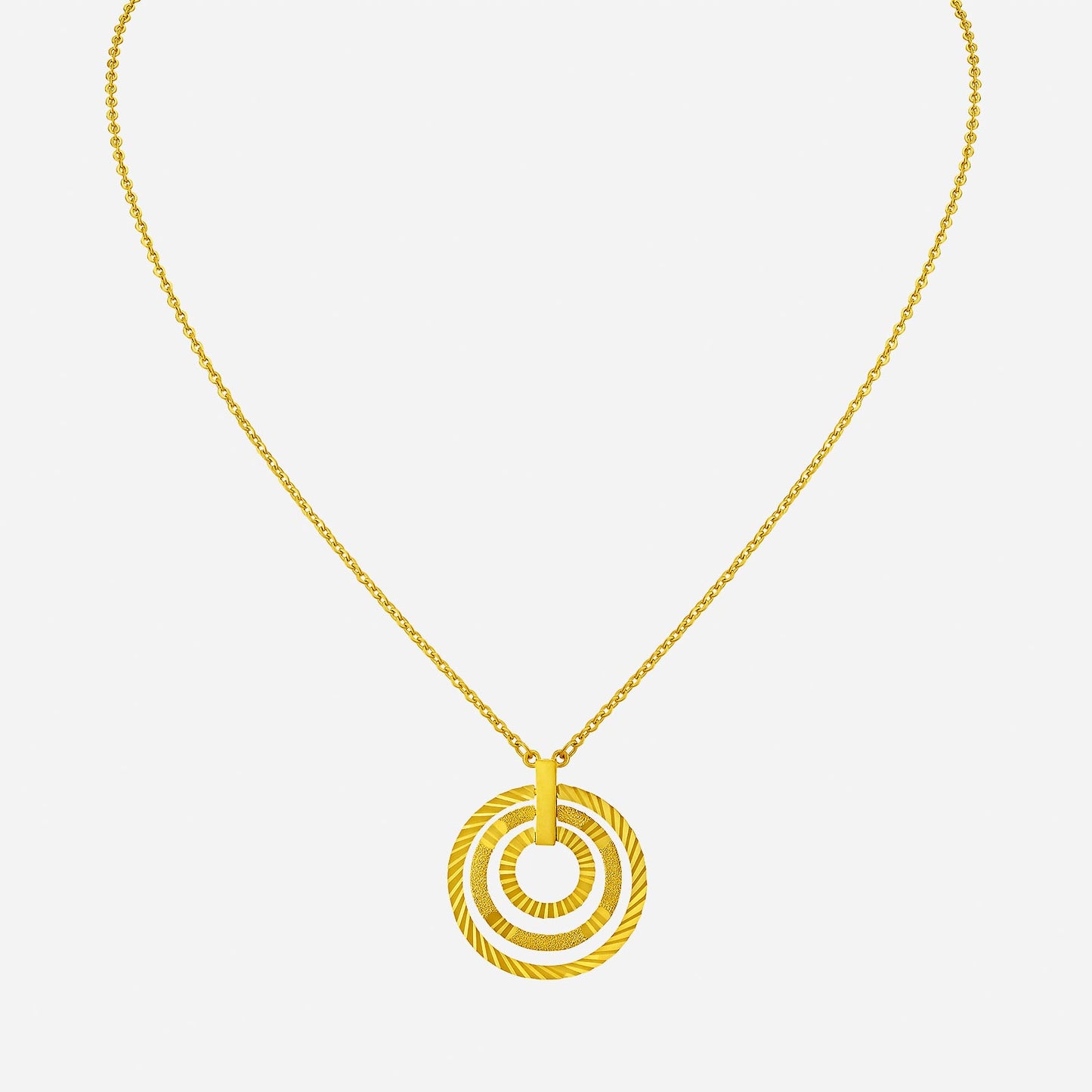 layered circles pendant necklace in 24k yellow gold featuring a textured design and delicate chain.