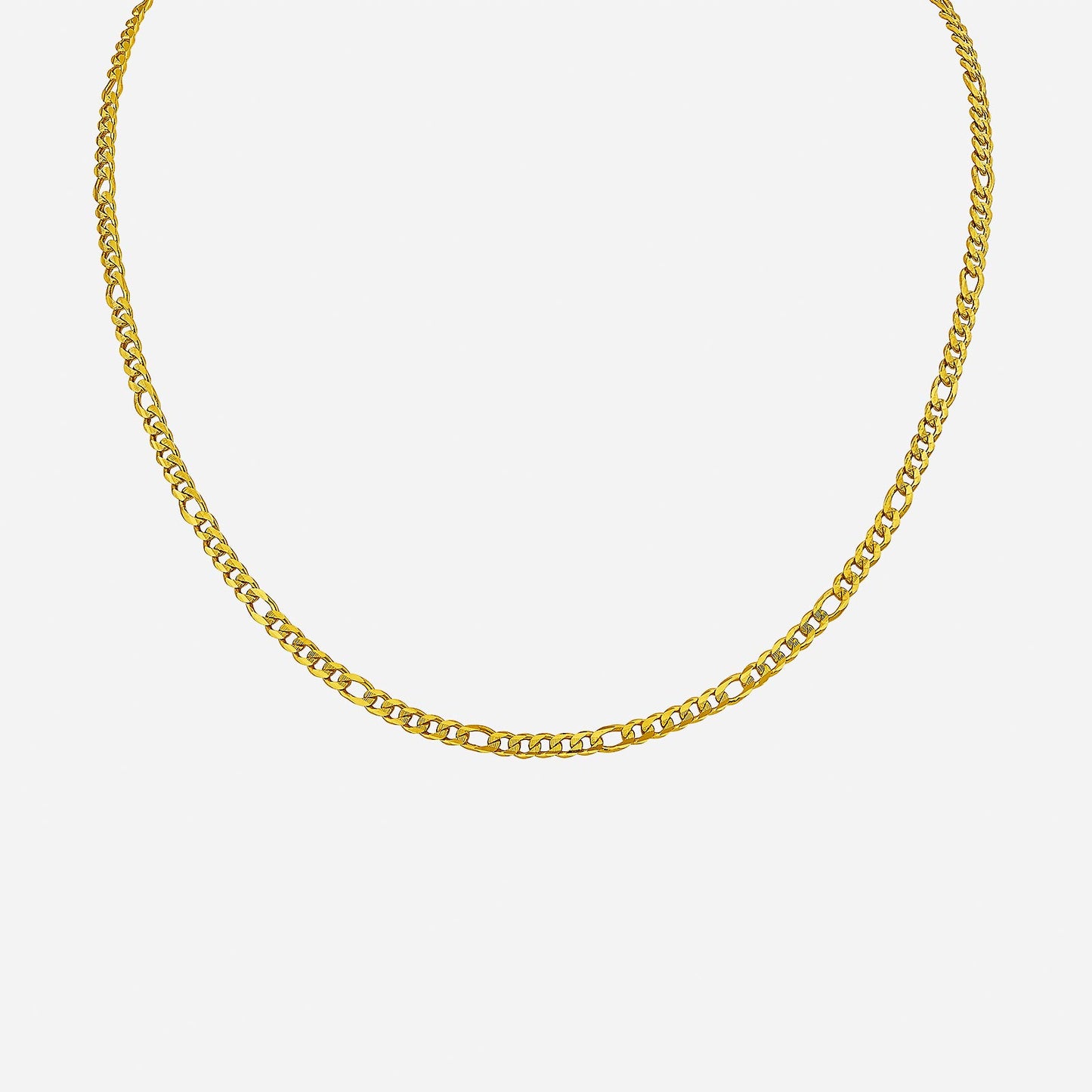 24k yellow gold figaro chain necklace showcasing alternating elongated and round links for timeless elegance.