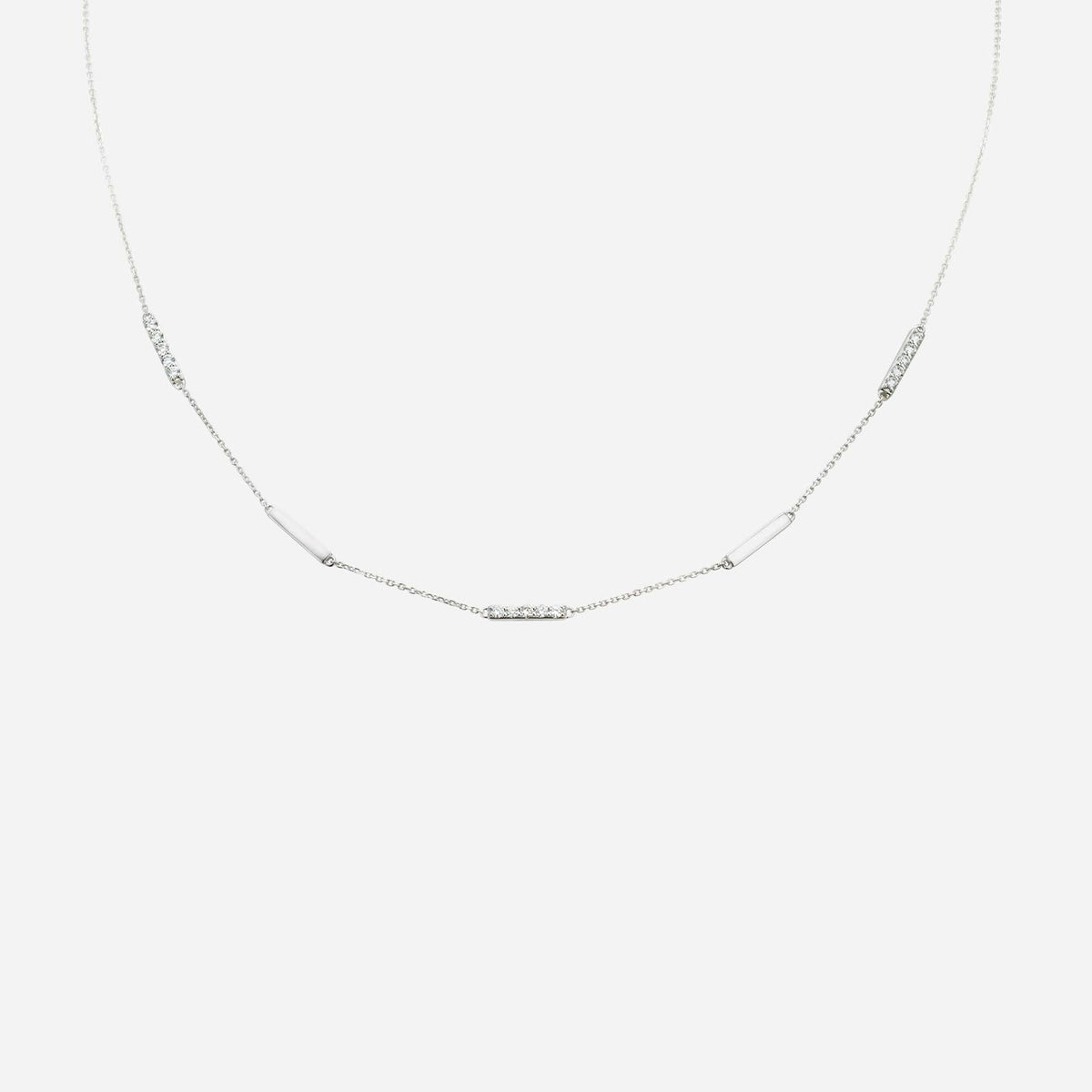 bar diamond necklace in 18k white gold, featuring alternating smooth and diamond-studded bars, delicate design.