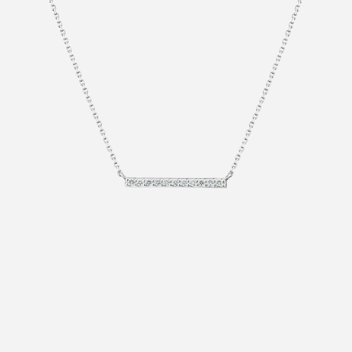 single bar diamond necklace in 18k white gold with sparkling fine diamonds, modern design for layering or solo wear.