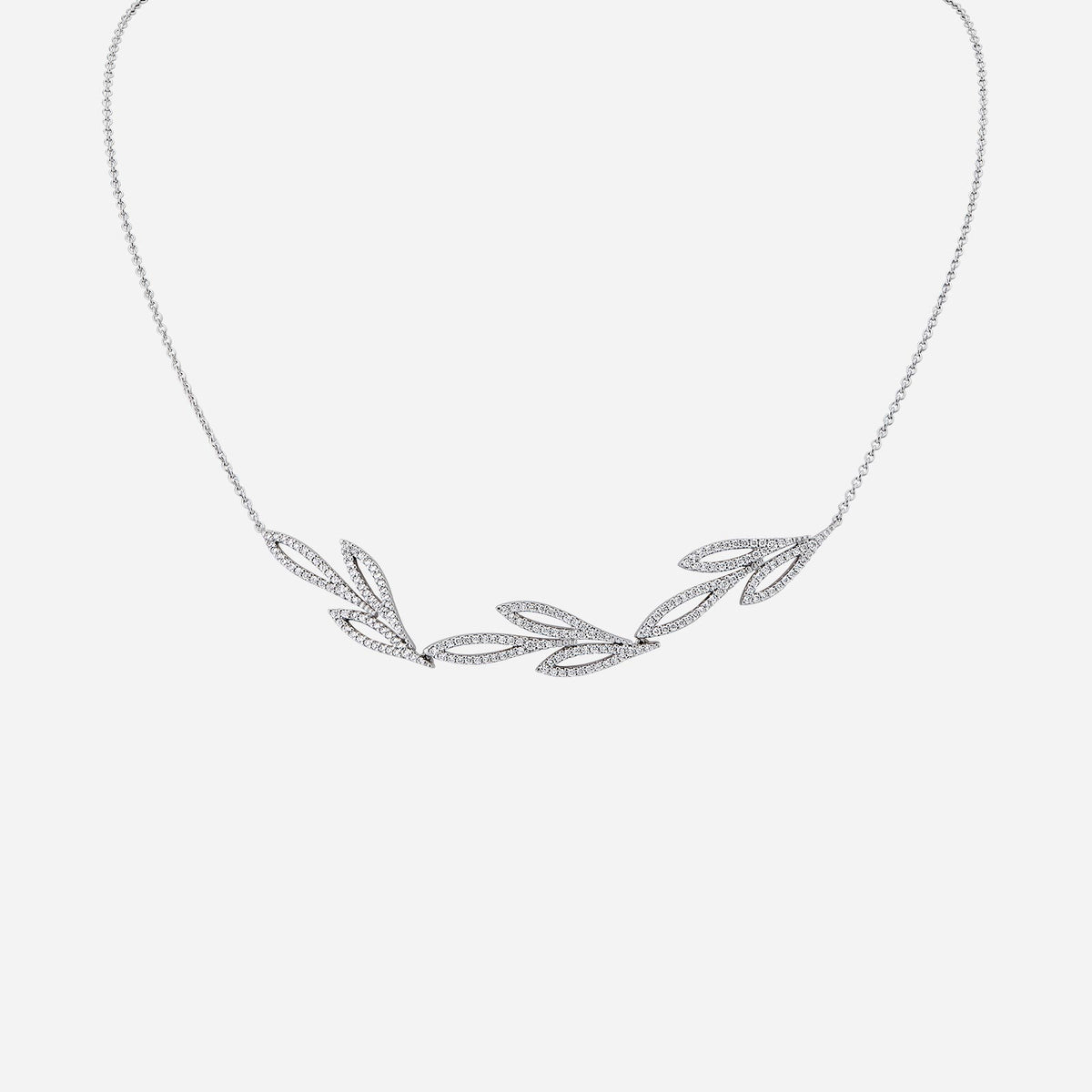 garden of promises diamond necklace in 18k white gold with sparkling diamond-studded leaf design.