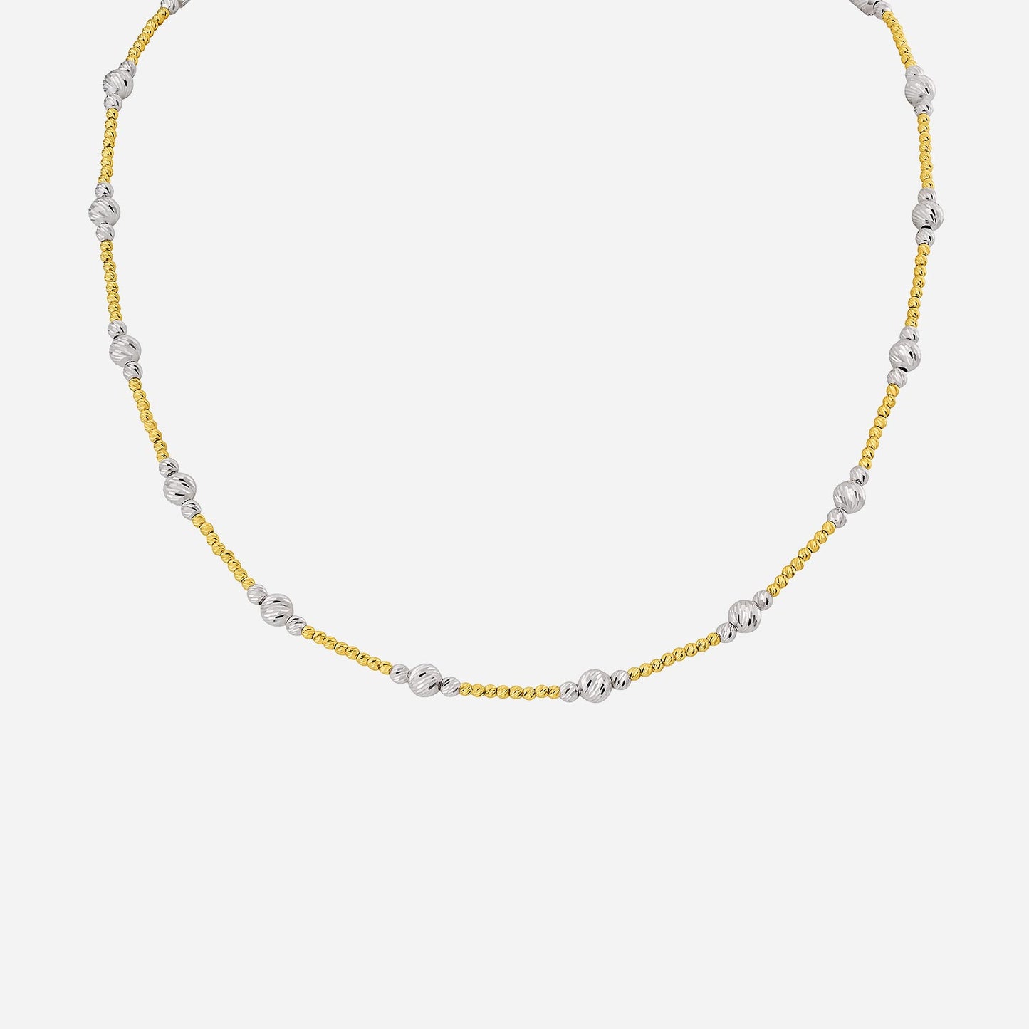 earth beaded necklace in 22k yellow white gold with alternating yellow and white gold beads, elegant design for daily wear.