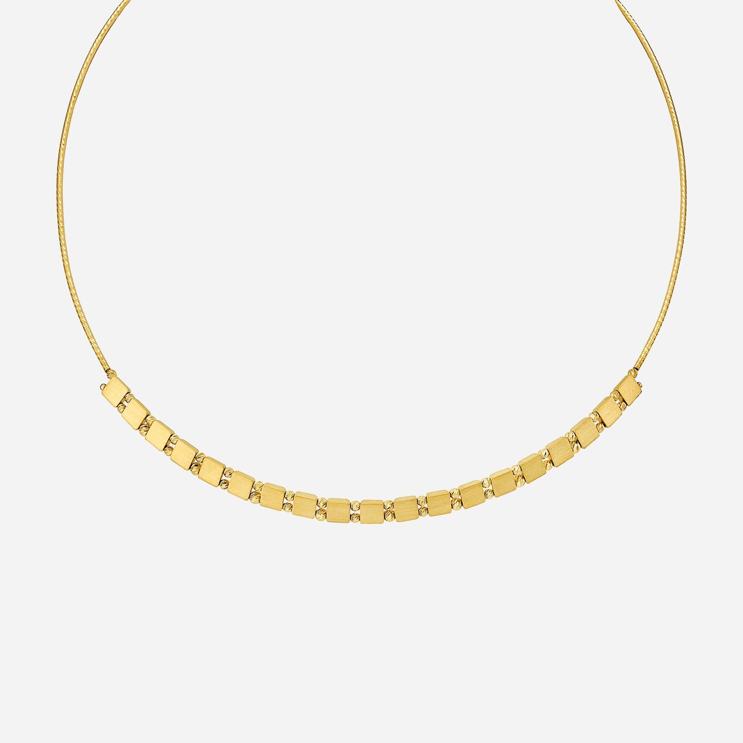square bead necklace in 22k yellow gold with a modern design, featuring a series of square beads.