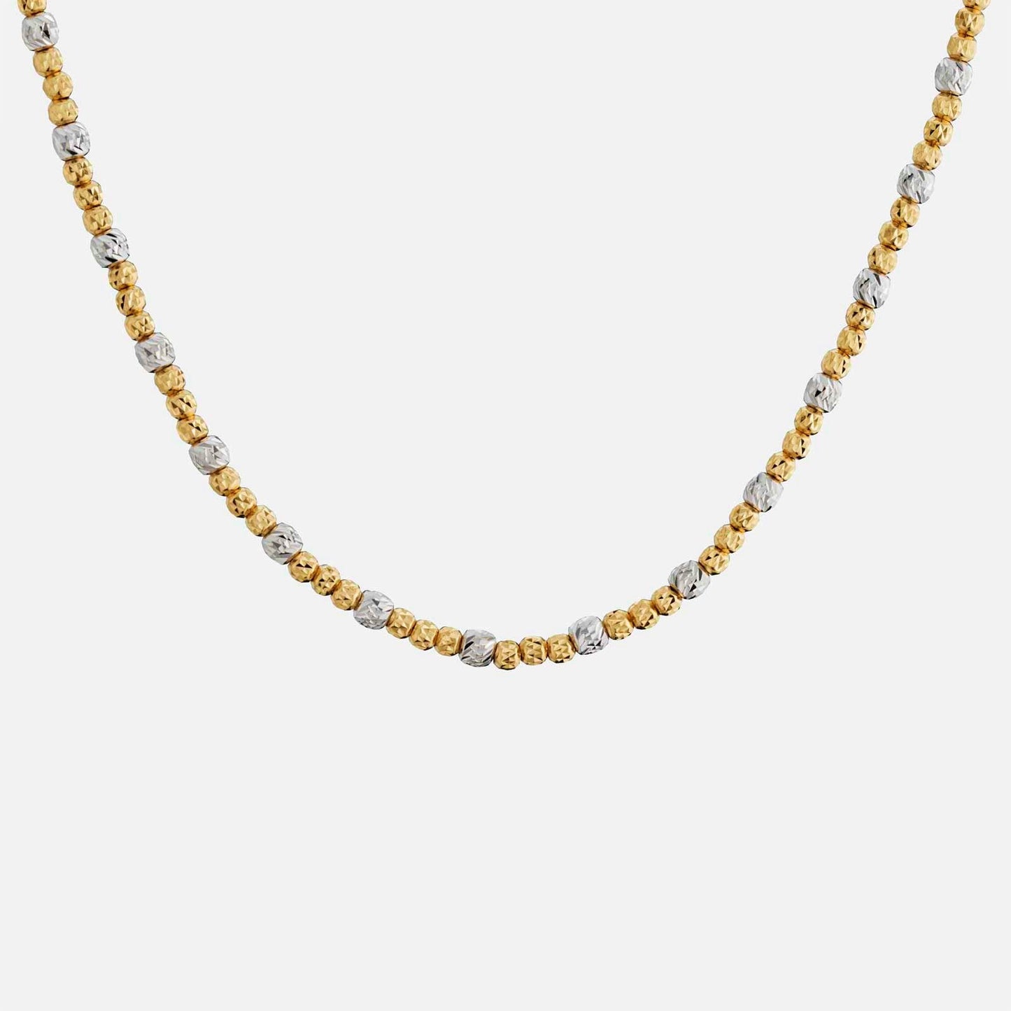 timeless earth beaded necklace in 22k yellow and white gold, featuring alternating gold and silver beads.