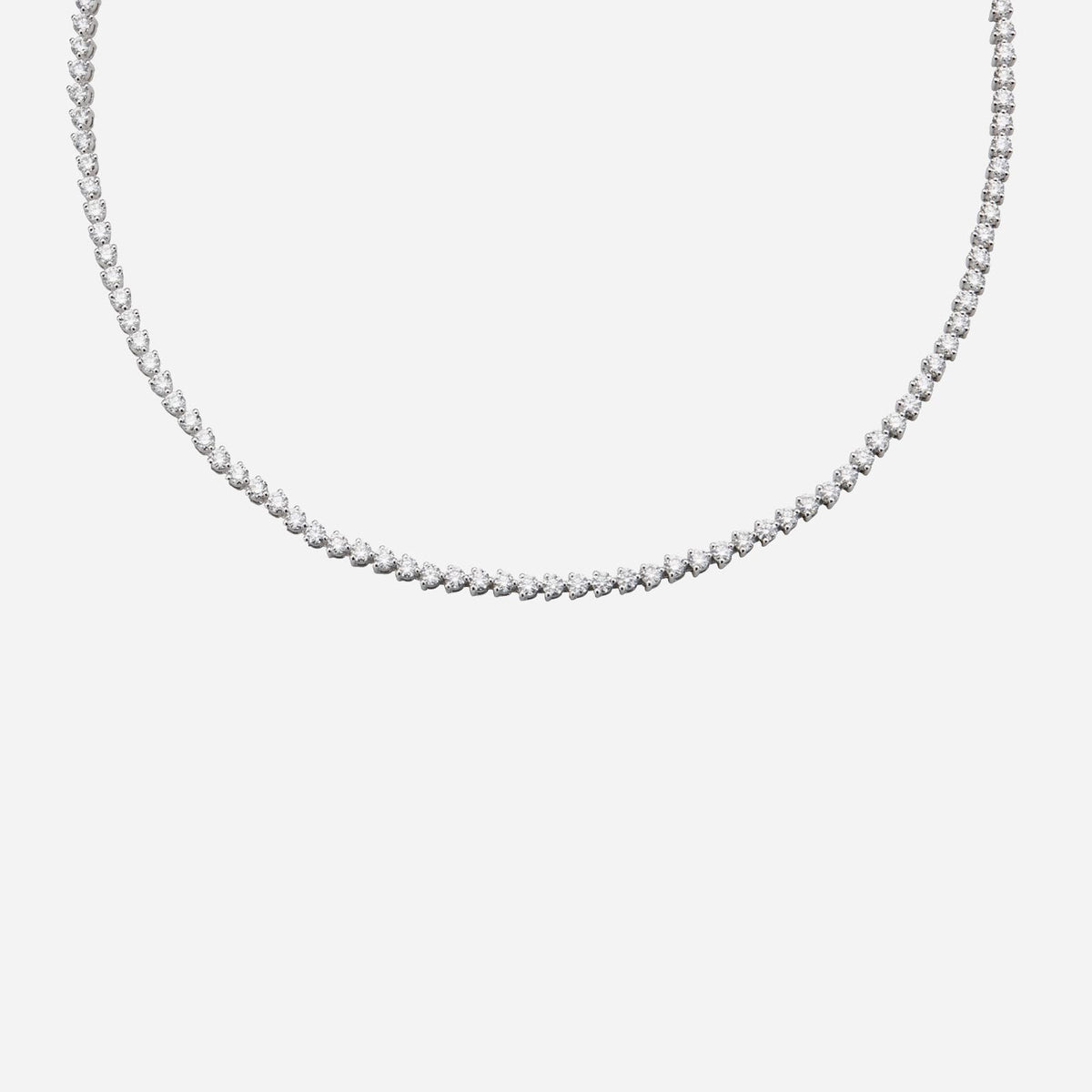 tennis necklace featuring round brilliant diamonds in 18k white gold with a sleek, elegant design.