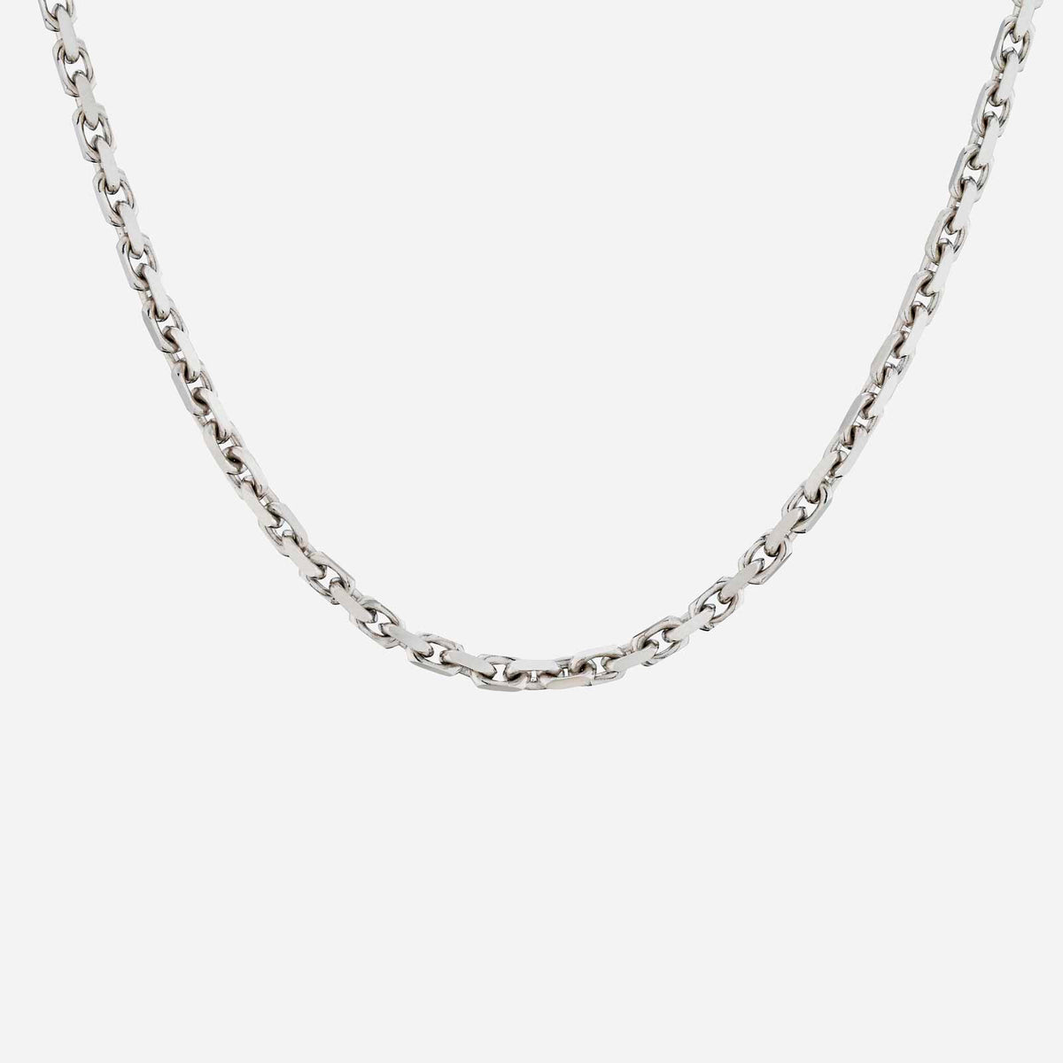rolo chain necklace in 18k white gold with oval links, perfect for layering or standalone wear.