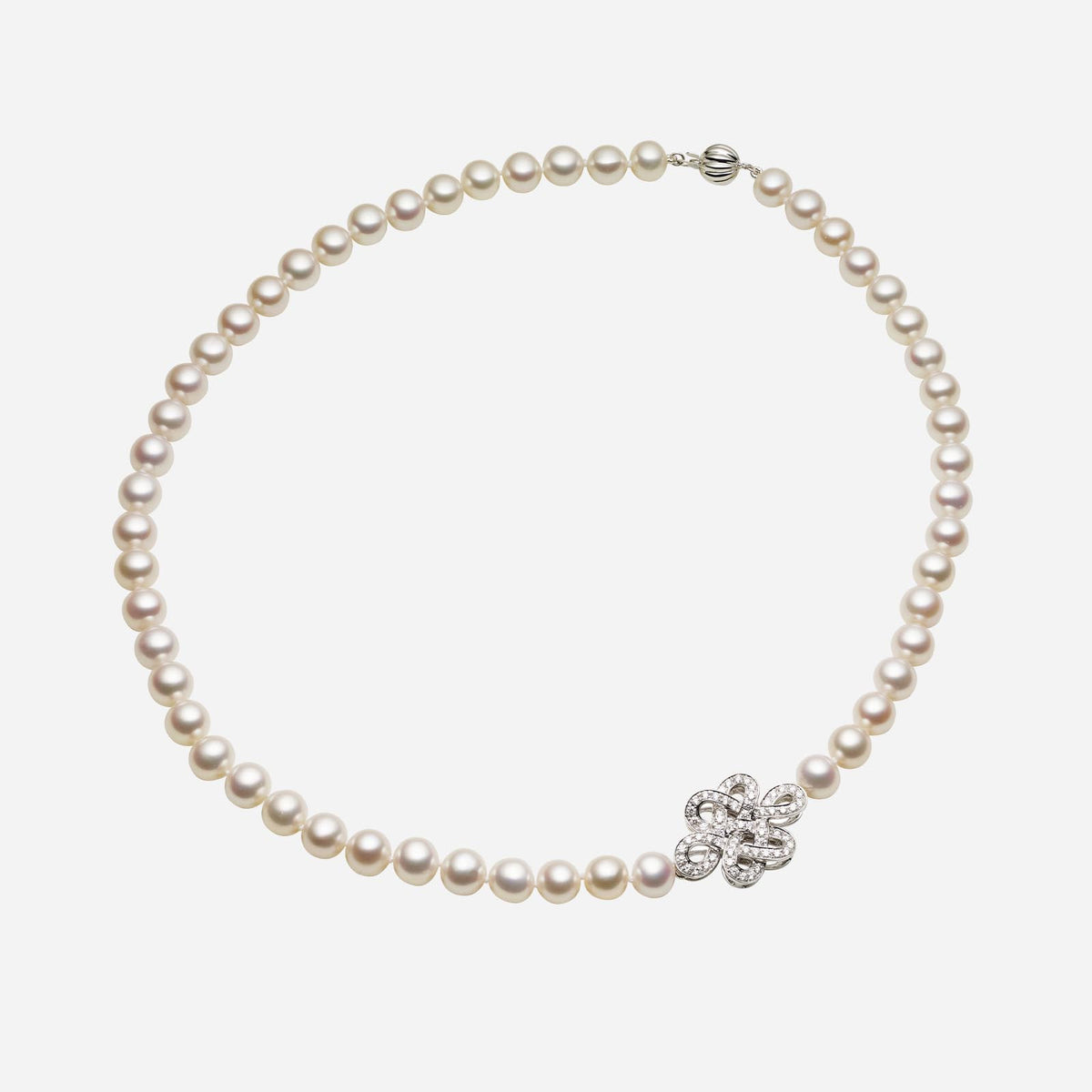 freshwater pearl necklace with diamond-studded white gold eternity knot clasp, featuring elegant design and lustrous sheen.