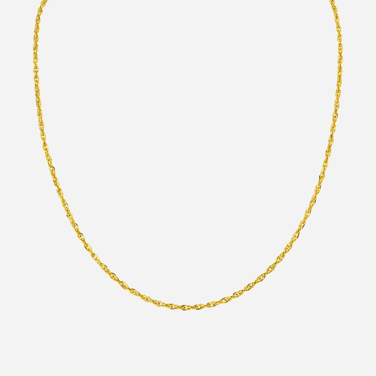 24k yellow gold rope chain necklace with a twisted design, perfect for pairing with dark outfits.