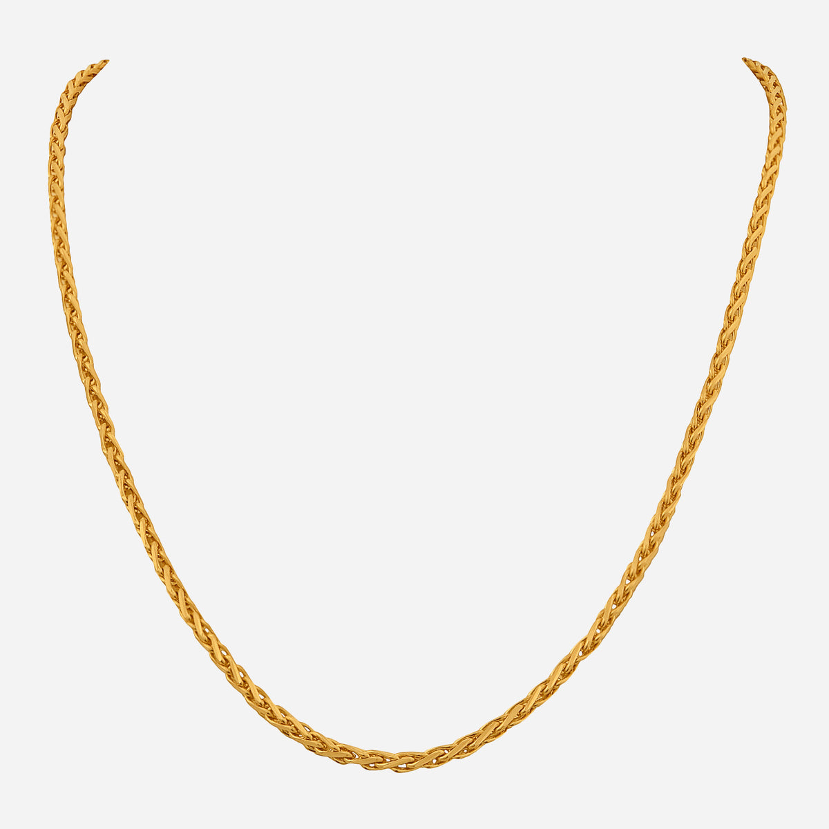 classic wheat chain necklace in 22k yellow gold with a twisted design, available in varying lengths from 43cm to 74cm.