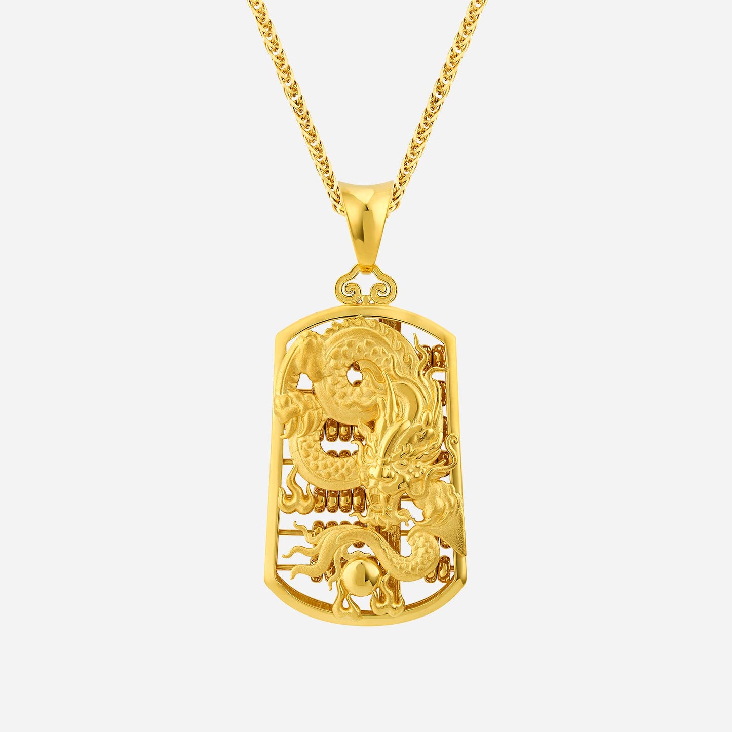 dragon abacus pendant in shimmering 22k yellow gold with intricate dragon design and decorative details.