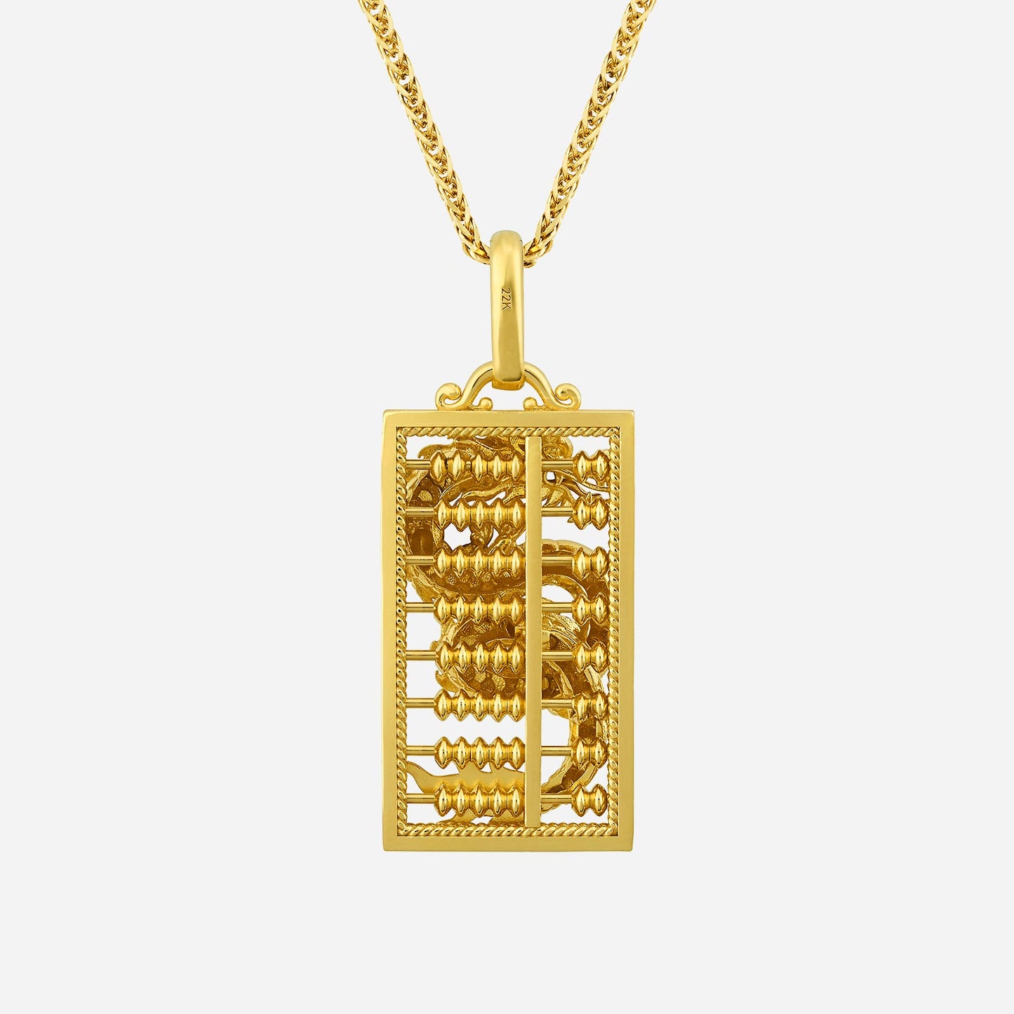 22k yellow gold dragon abacus pendant featuring intricately designed dragon and abacus beads for abundance and wisdom.