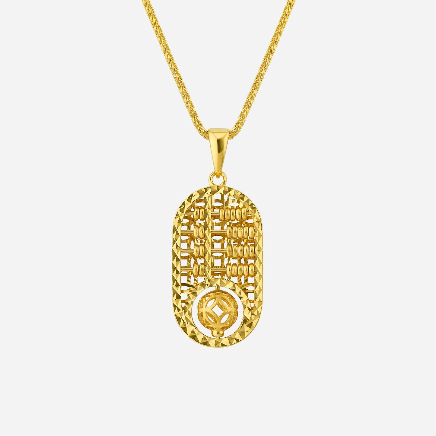 abacus pendant in 22k yellow gold, featuring movable beads and intricate geometric design. chain not included.
