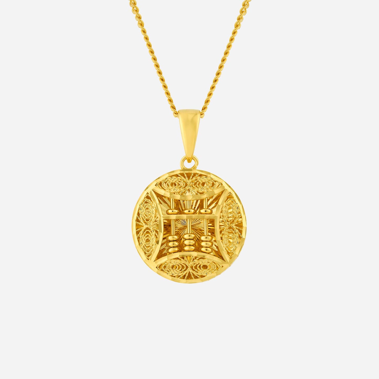 abacus pendant in 22k yellow gold with intricate design and textured beads, showcasing ancient prosperity motifs.