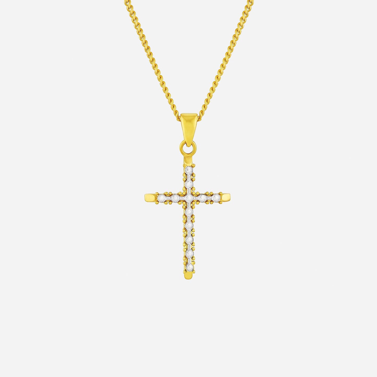 cross pendant in 22k yellow and white gold, embellished with gemstones, delicate chain design.