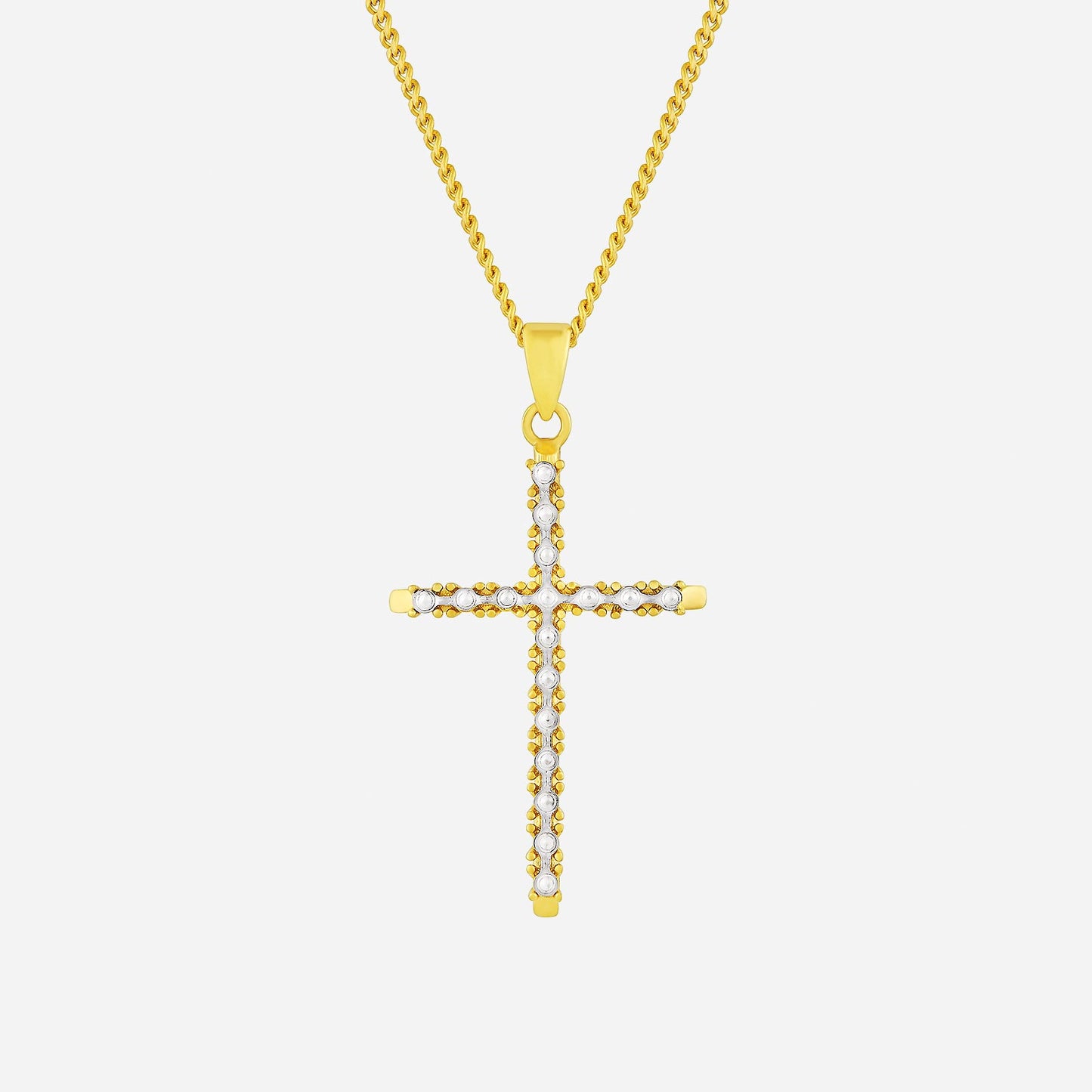 cross pendant in 22k yellow and white gold with sparkling gems, featuring a classic cross design and a delicate chain.