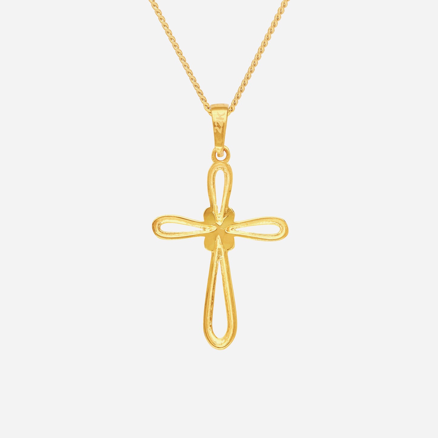 knot of cross pendant in 22k yellow gold with open cross silhouette and elegant knot detailing. chain not included.