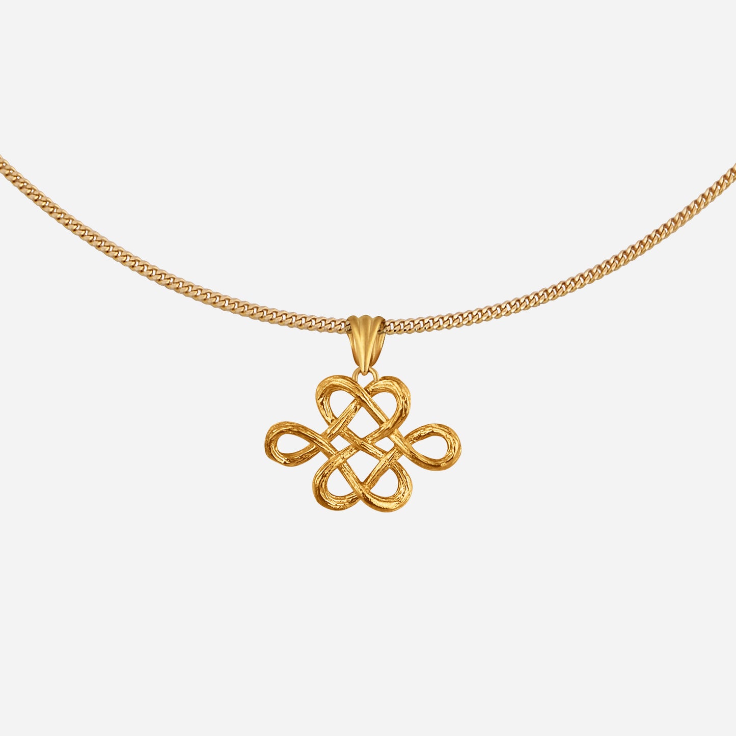 eternity knot pendant in 22k yellow gold with intricate intertwined design, on a fine chain. elegant and timeless.
