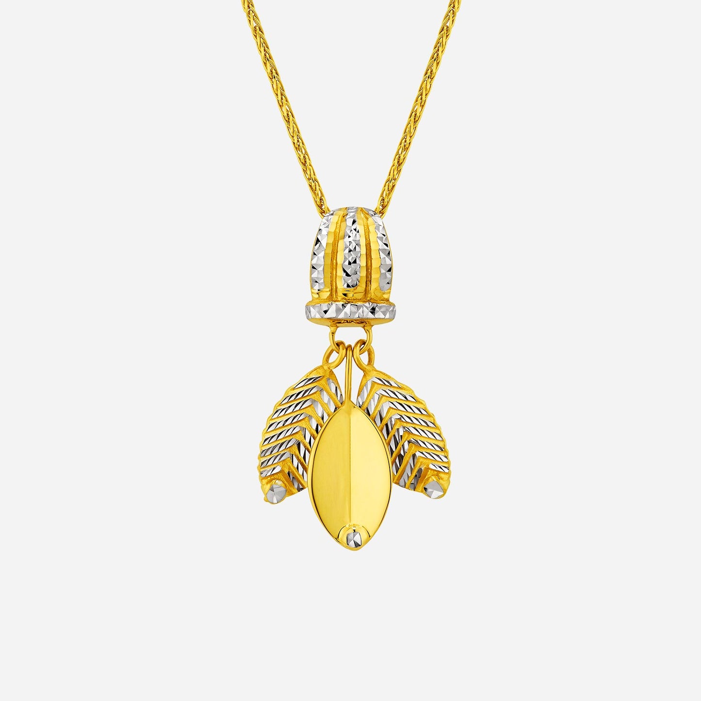 elm leaves pendant in 22k yellow and white gold with delicate leaf design and central smooth gold element.