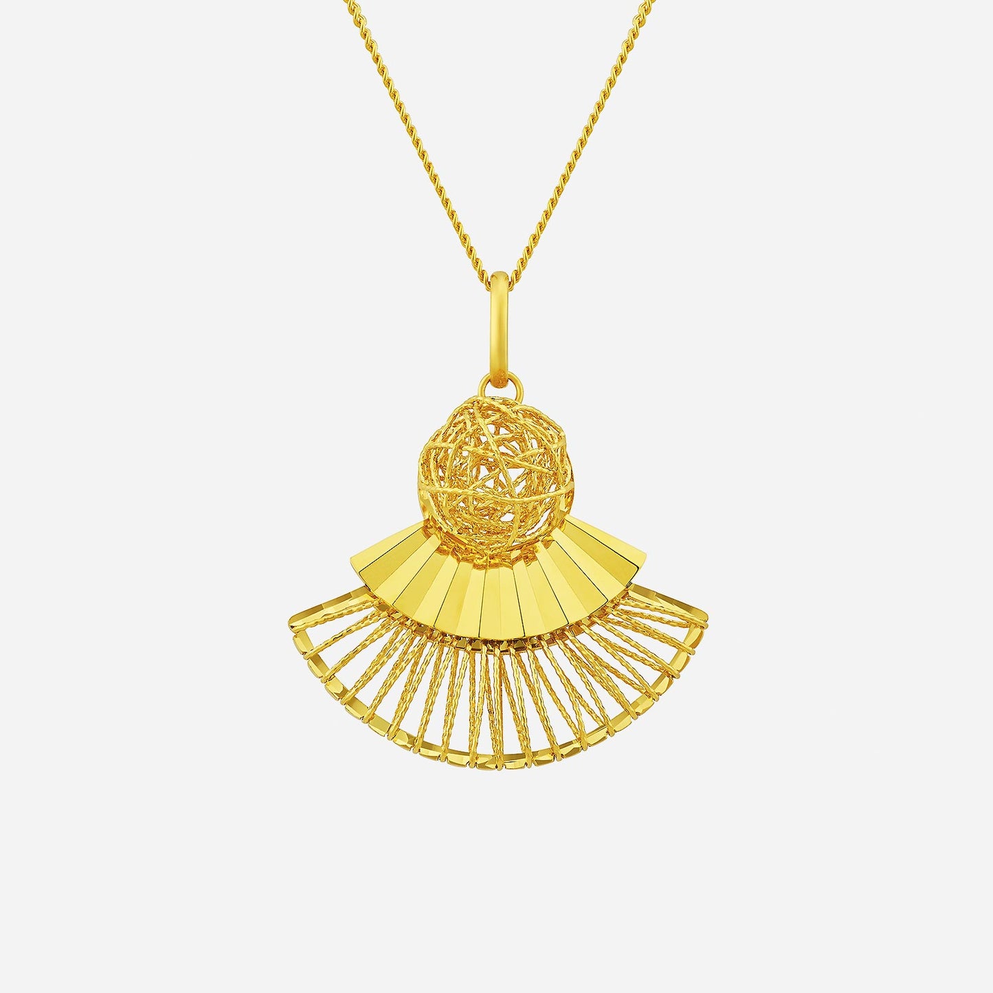 mesh fan pendant in 22k yellow gold, featuring a unique fan-inspired design with intricate mesh detailing.