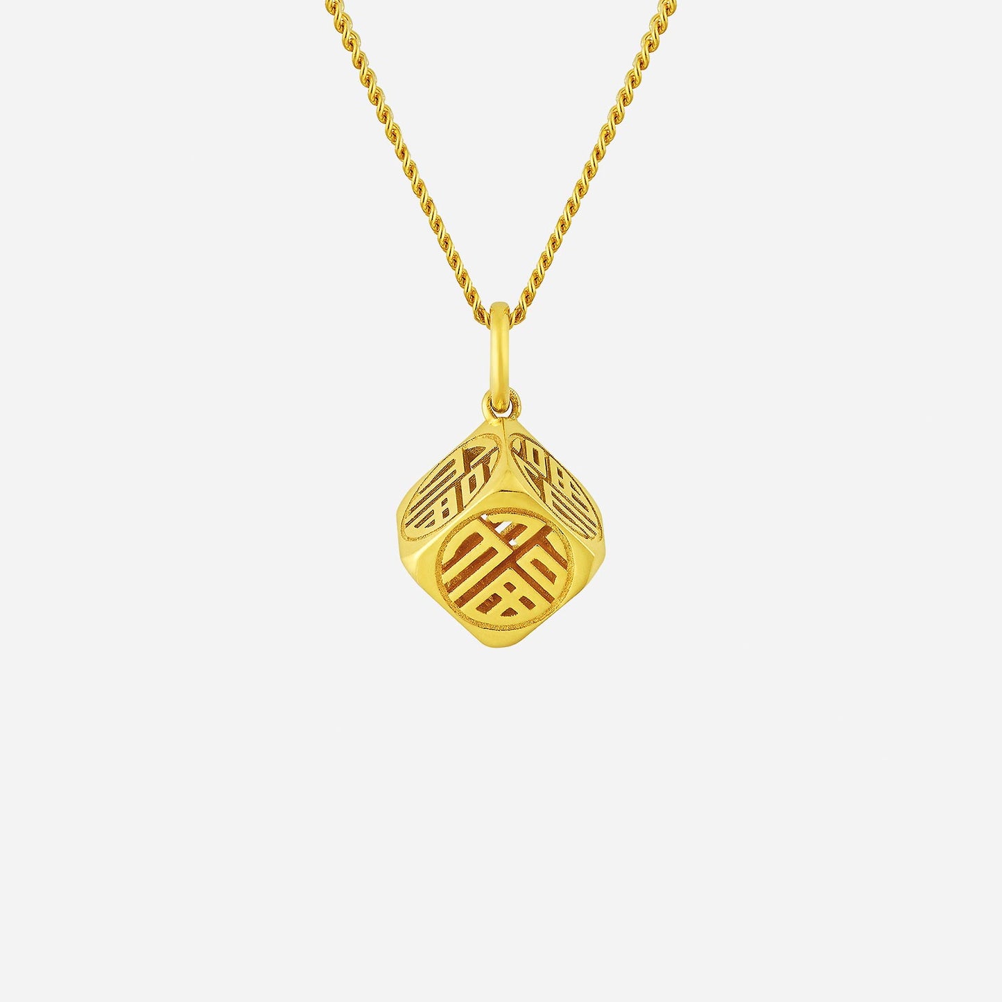 22k yellow gold prosperity cube pendant with intricate geometric design, symbolizing wealth and fortune.