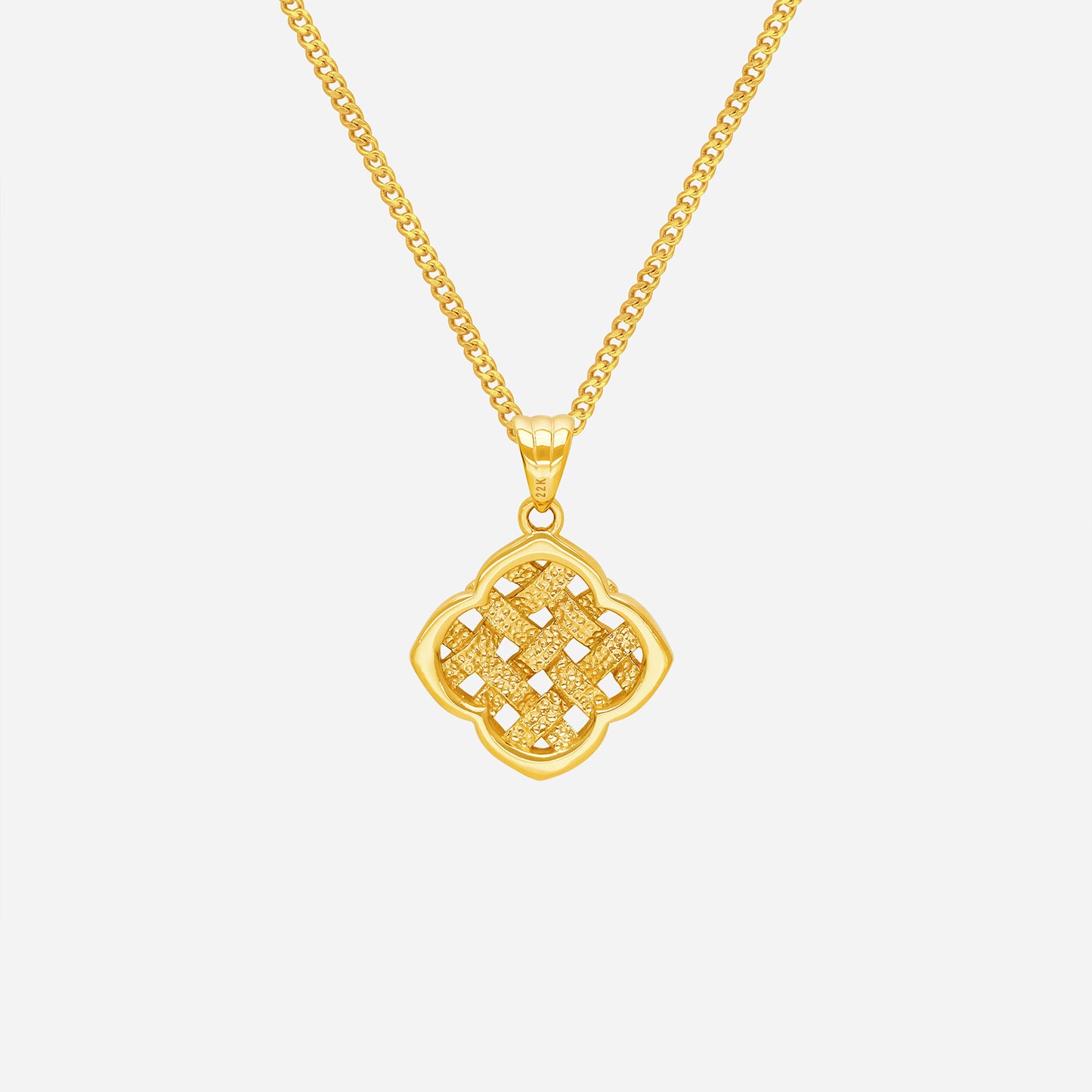 woven embrace pendant in 22k yellow gold with intricate woven design, suspended on a delicate gold chain.