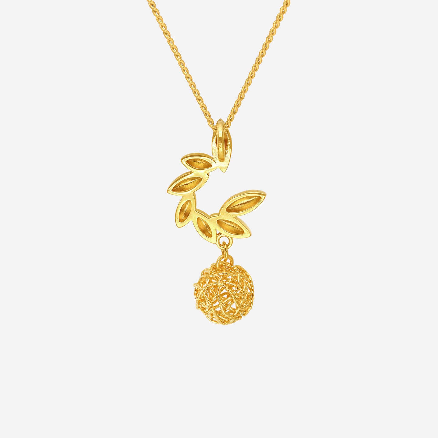 luna bloom pendant in 22k yellow gold with a lattice sphere and sculpted leaf motifs, elegant and radiant design.