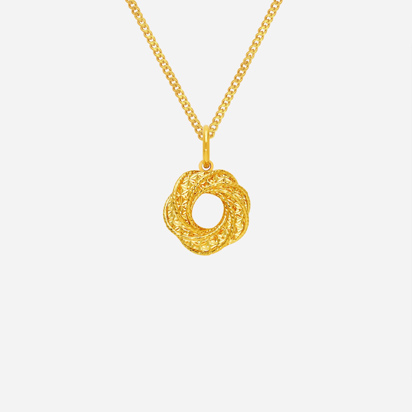 aura petal pendant in 22k yellow gold, textured halo design with open center, showcasing layered petal details.