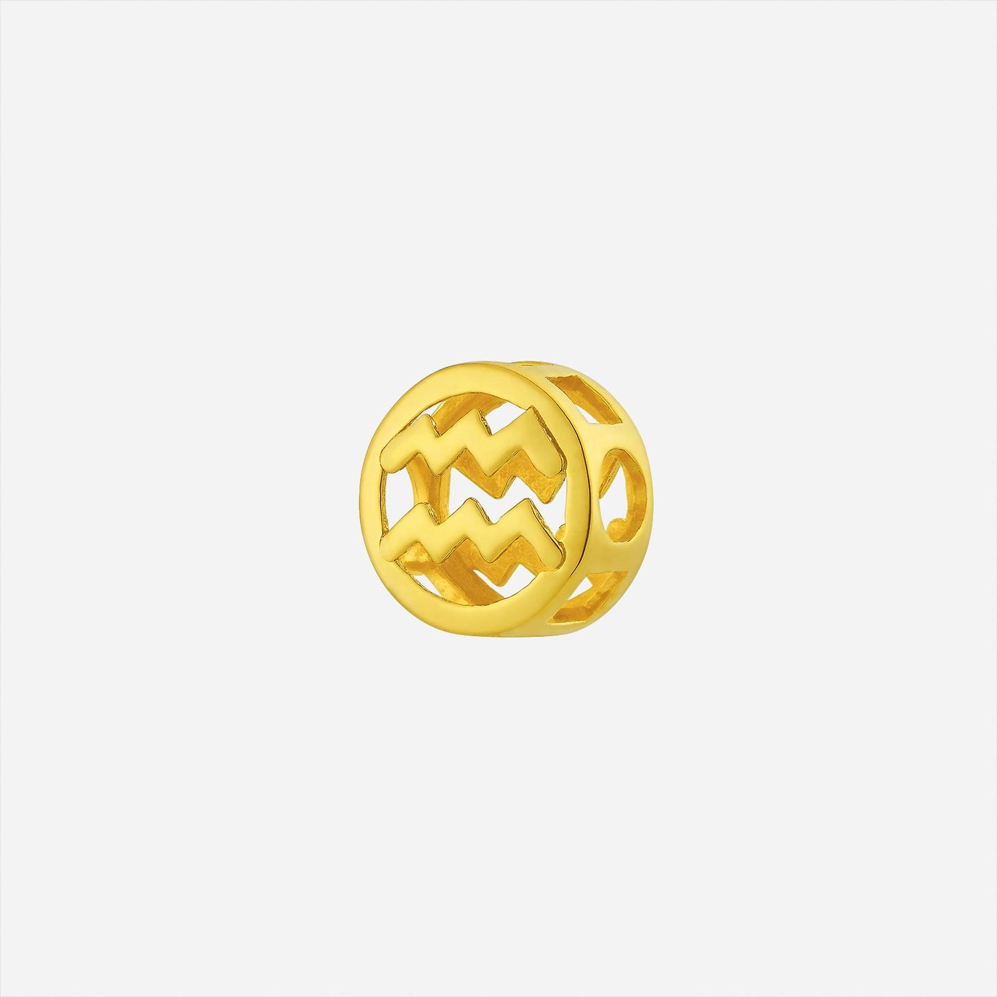 aquarius charm pendant in 22k yellow gold with an open-cut circular design and wave symbol.