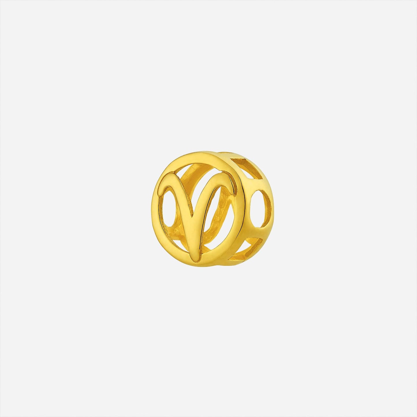 aries symbol charm pendant in polished 22k yellow gold with open-cut circular design. perfect for a necklace or bangle.
