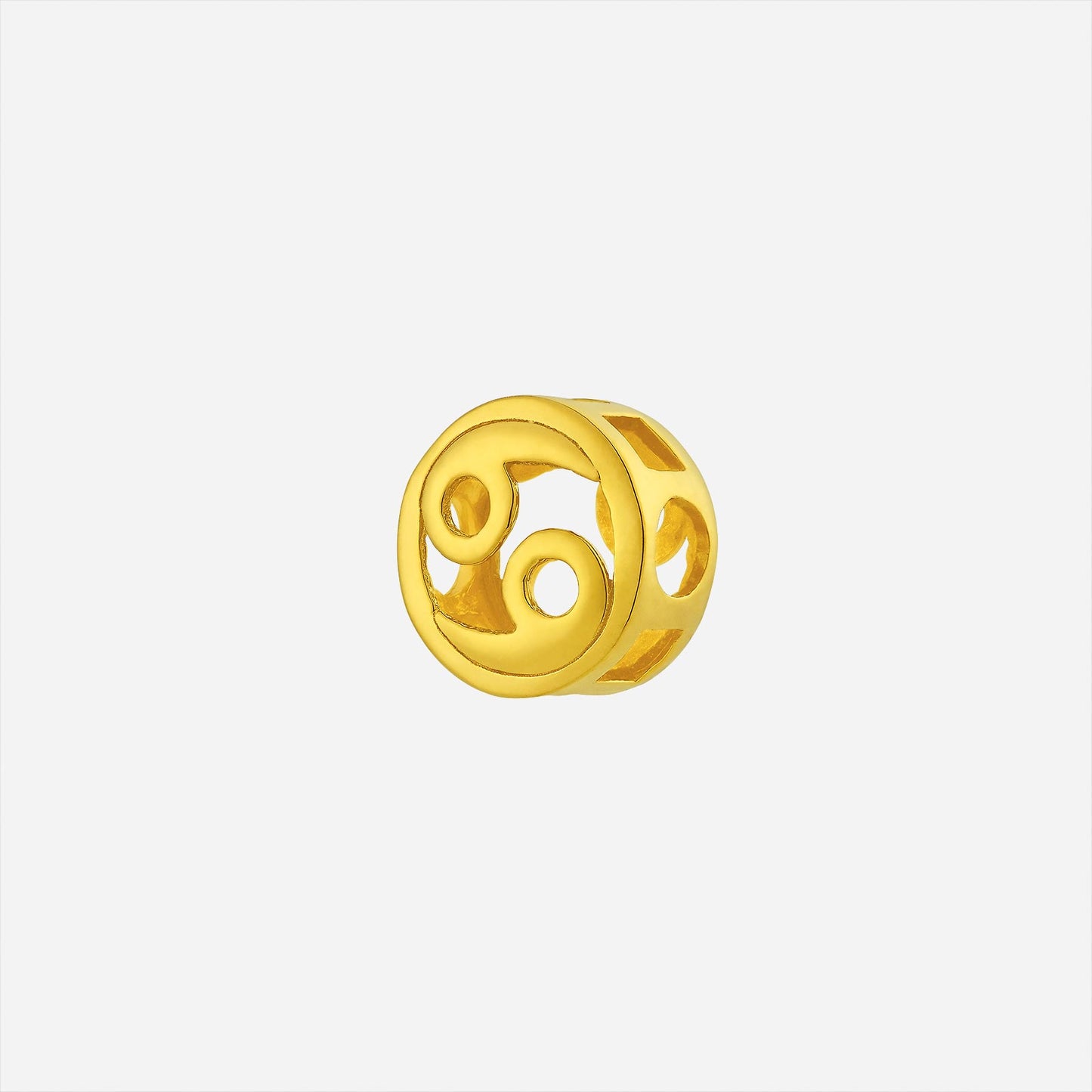 cancer charm pendant in polished 22k yellow gold with open-cut circular design and zodiac symbol.