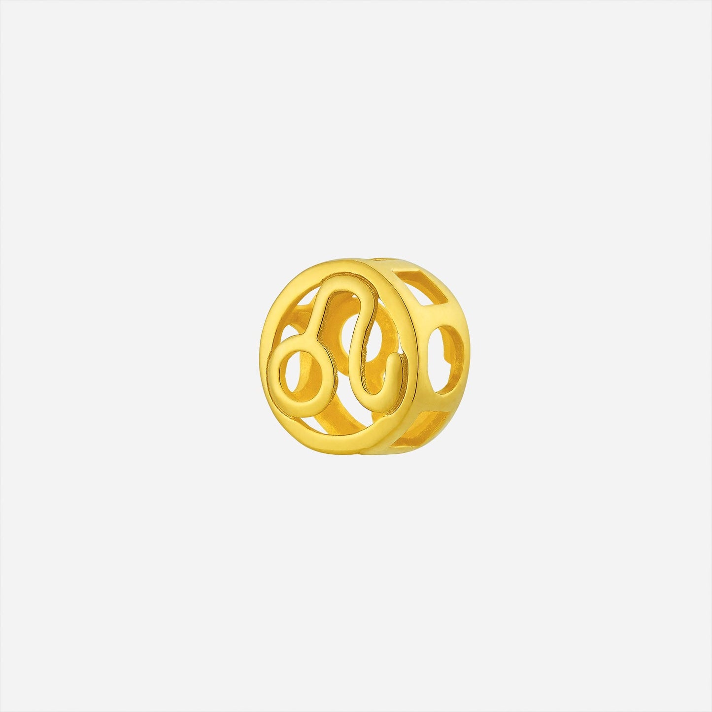 leo charm pendant in polished 22k yellow gold with open-cut design and lion symbol, perfect for necklaces or bangles.