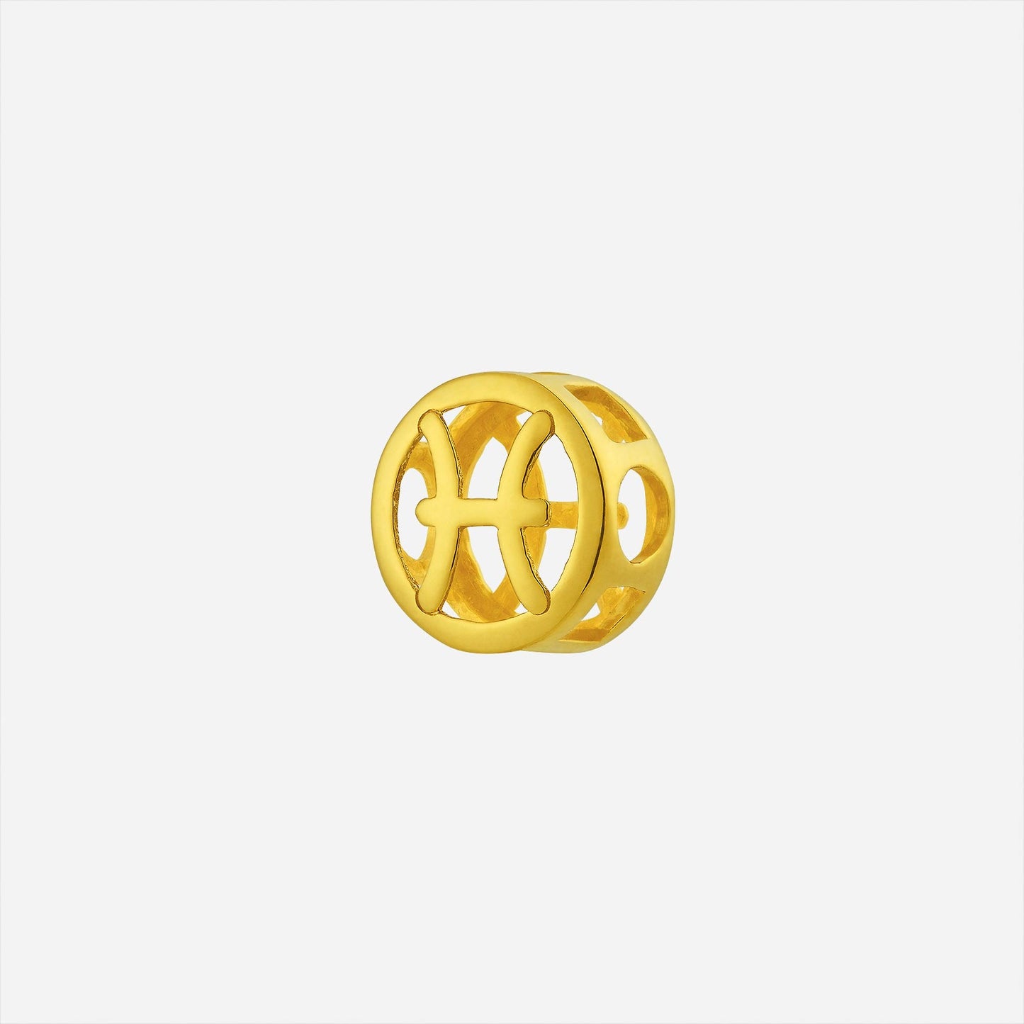 pisces charm pendant in polished 22k yellow gold with open-cut circular design and zodiac symbol.