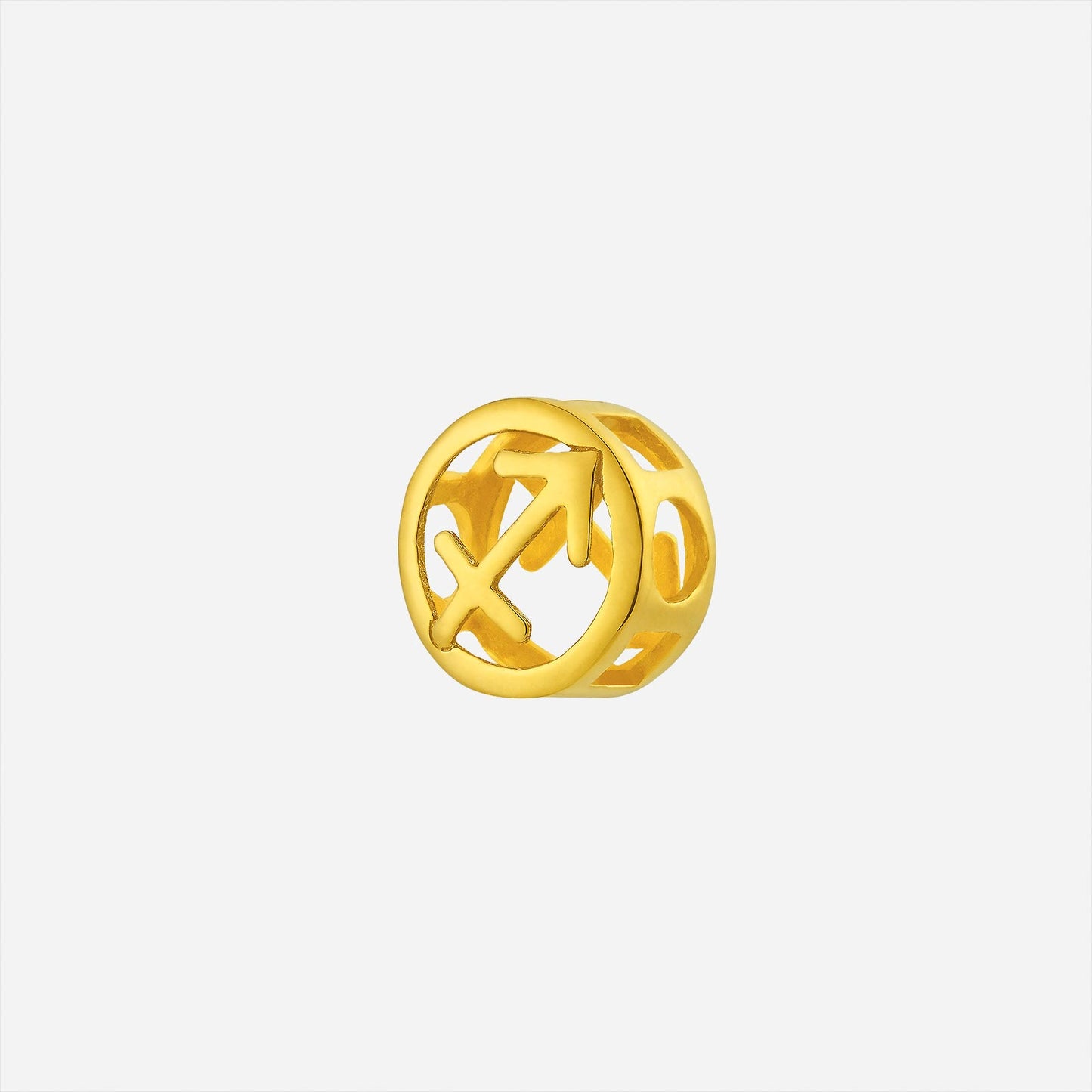 sagittarius charm pendant in 22k yellow gold with sleek circular design and open-cut sides.
