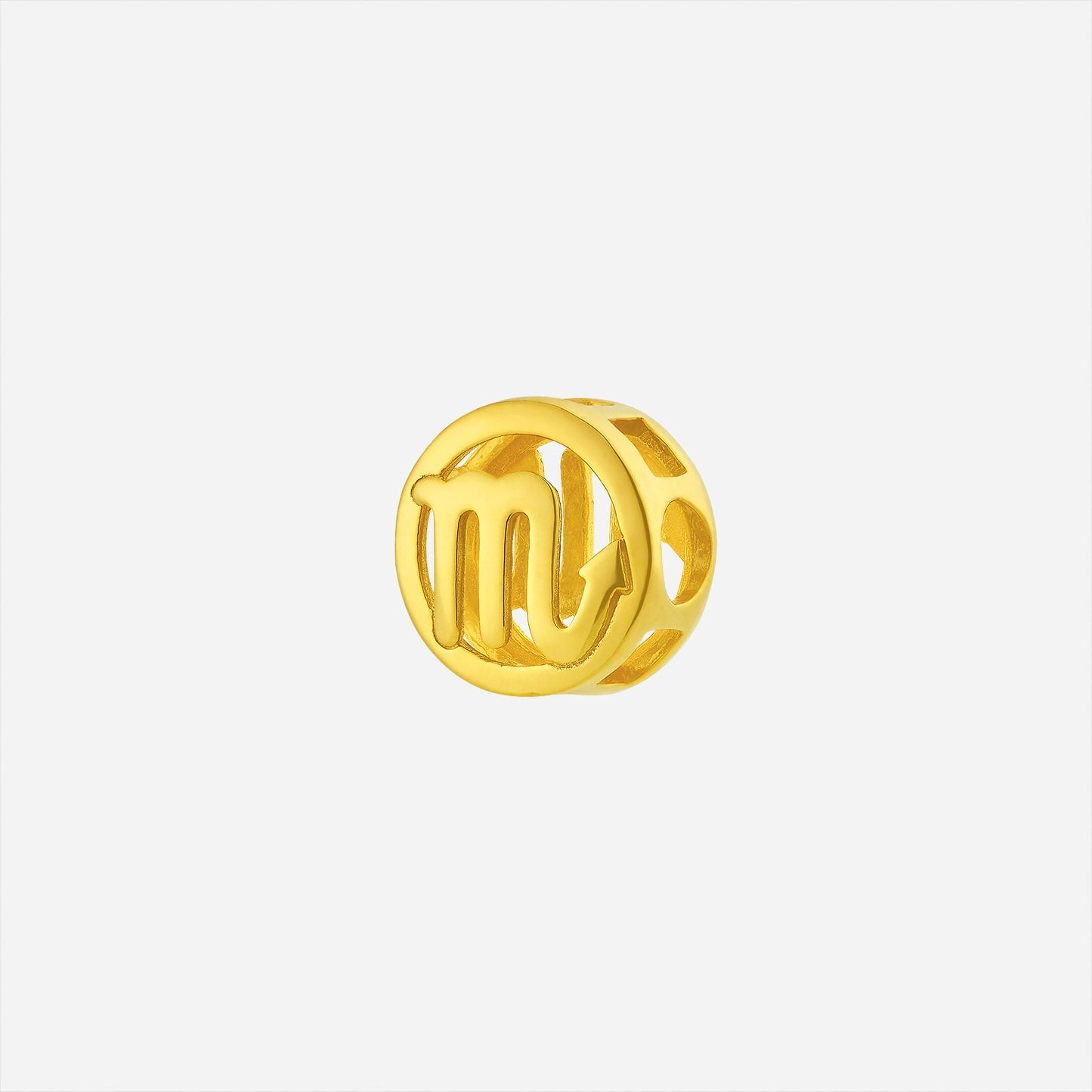 scorpio charm pendant in 22k yellow gold with a polished circular design and open-cut sides.