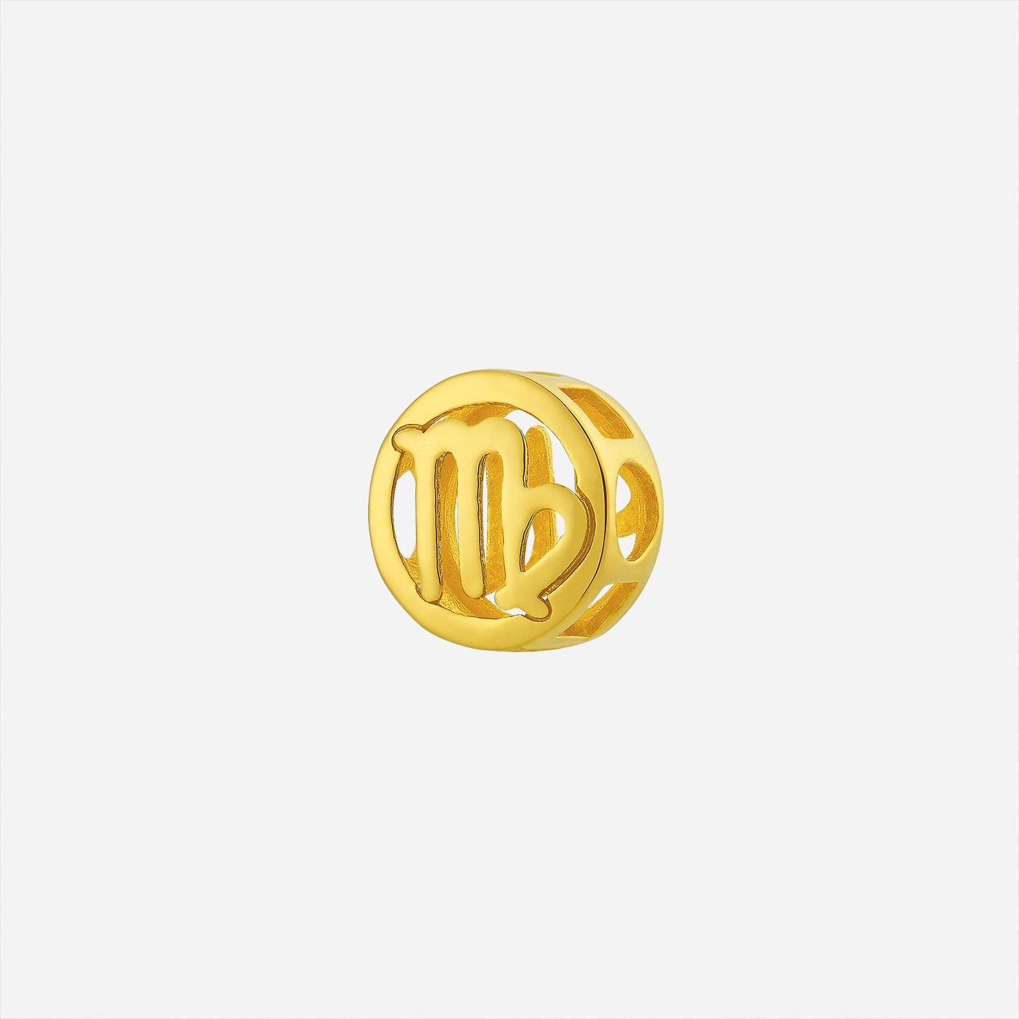 virgo charm pendant in 22k yellow gold with open-cut circular design and polished zodiac symbol.