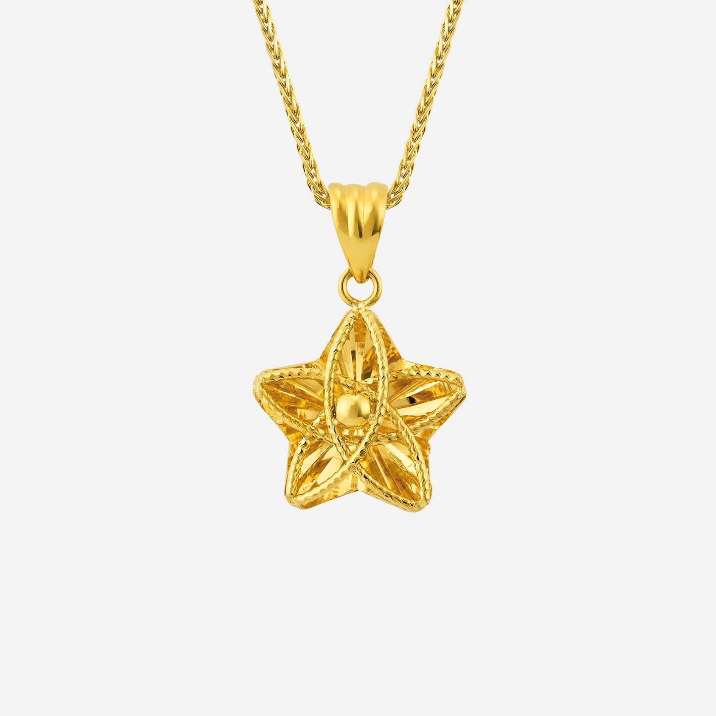 intricate 3d star pendant in 22k yellow gold with defined features and a decorative center design.
