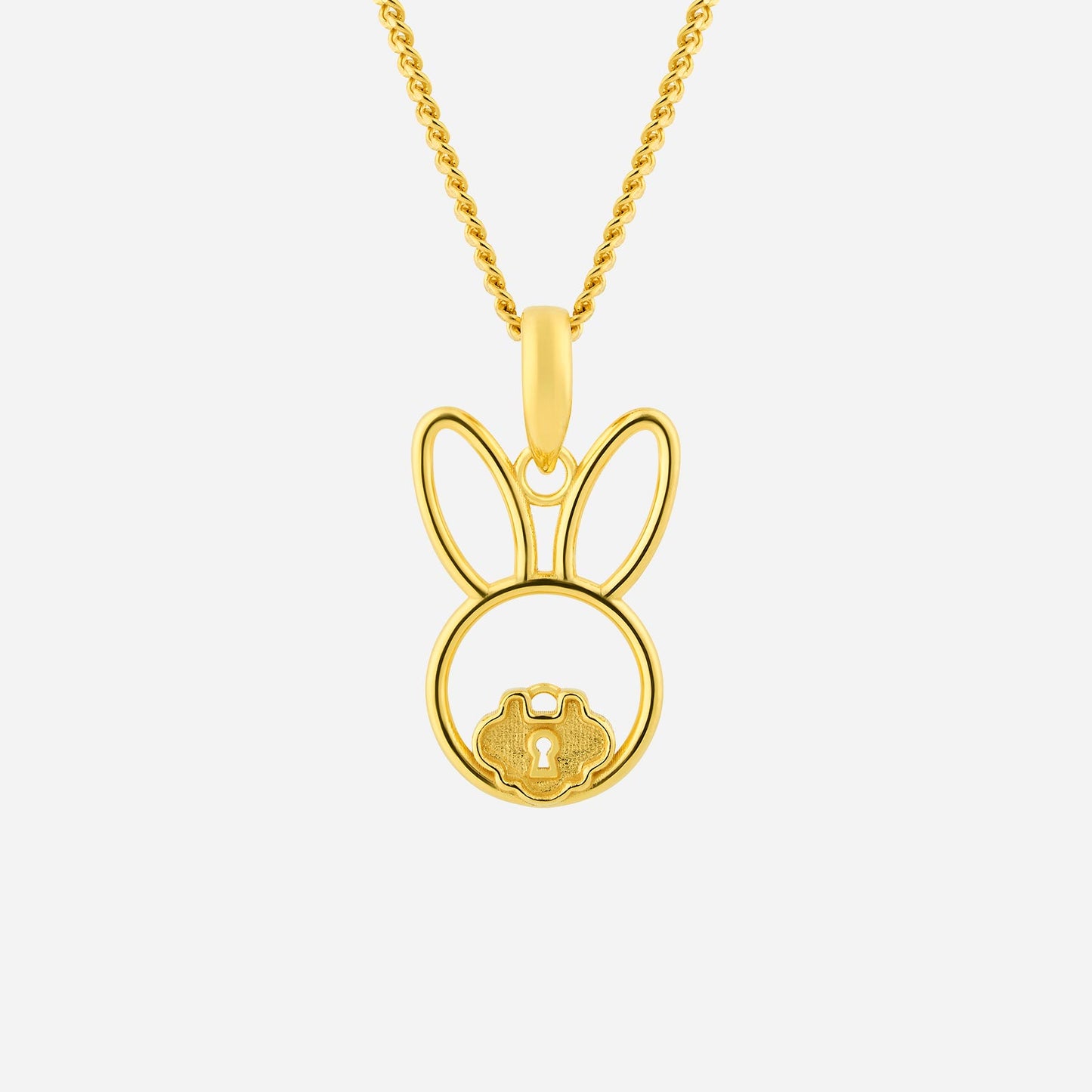 bunny pendant in 22k yellow gold featuring a ruyi lock charm for prosperity and luck. ideal for stylish accessorizing.