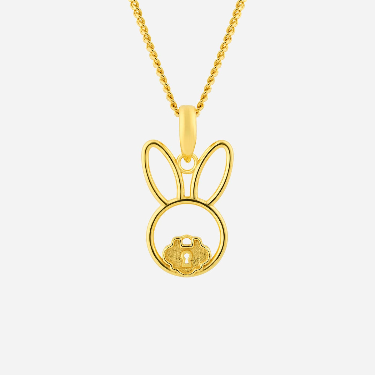 bunny pendant in yellow gold with ruyi lock design, symbolizing prosperity and good fortune. chain not included.