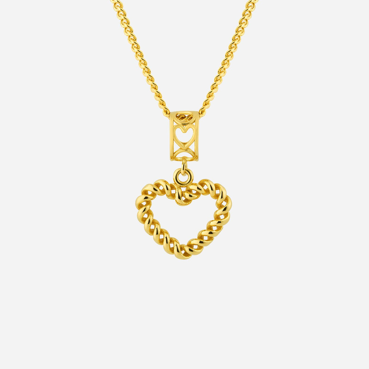 twisted heart pendant in 22k yellow gold, featuring a unique design with a delicate chain connector.