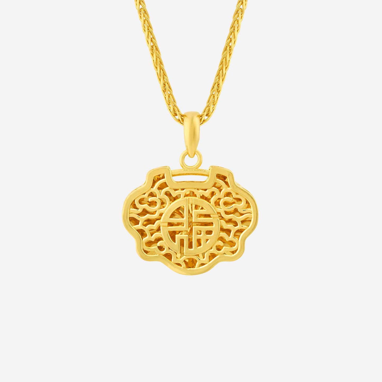 prosperity lock pendant in 22k yellow gold featuring intricate ruyi symbol and detailed clasp design.