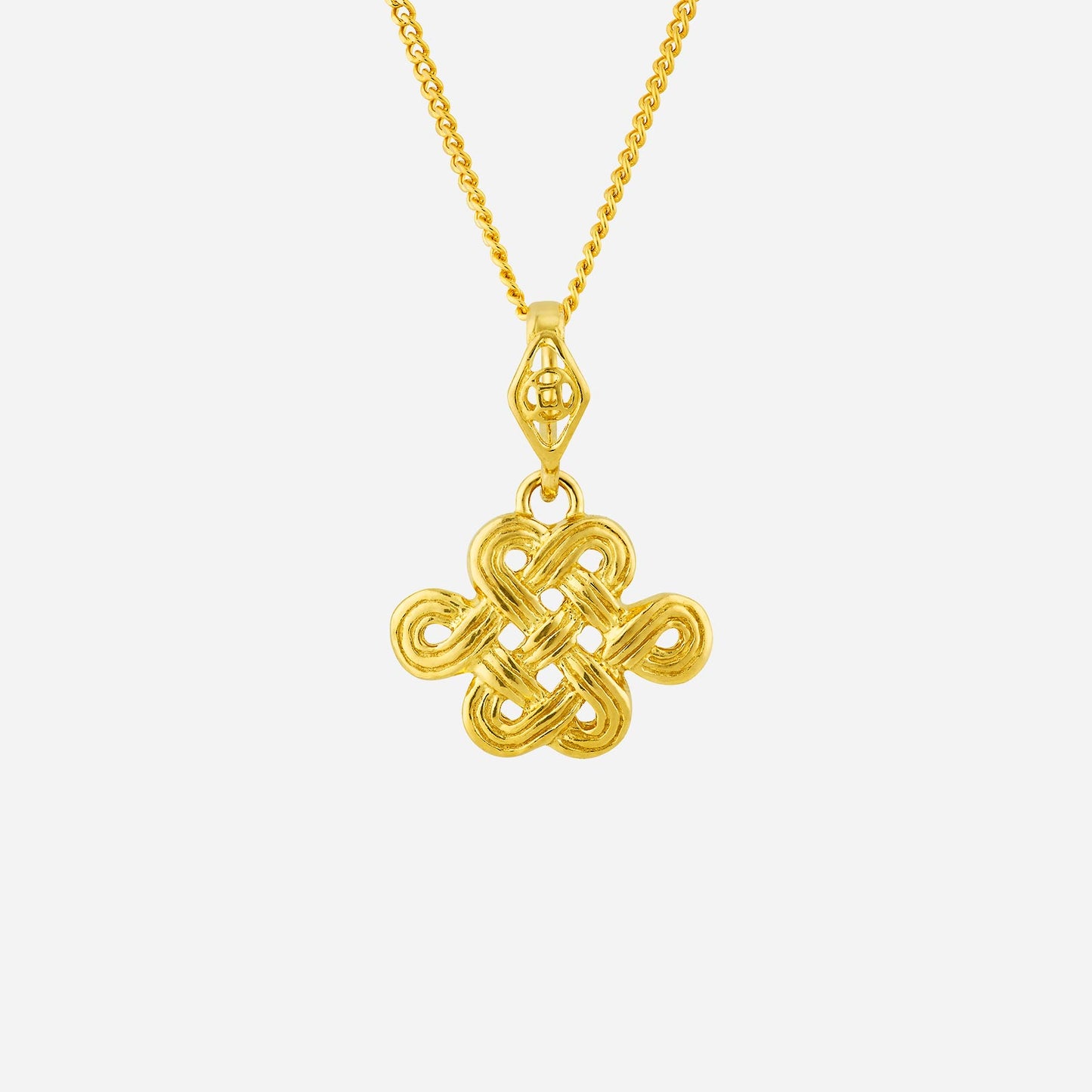 22k yellow gold eternity knot pendant with intricate design, symbolizing longevity and prosperity. chain not included.