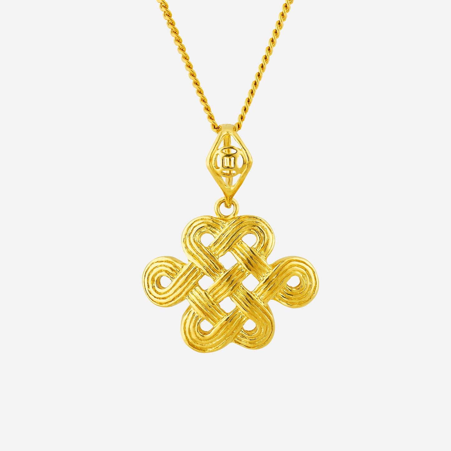 22k yellow gold eternity knot pendant with intricate design, symbolizing longevity and prosperity. chain not included.