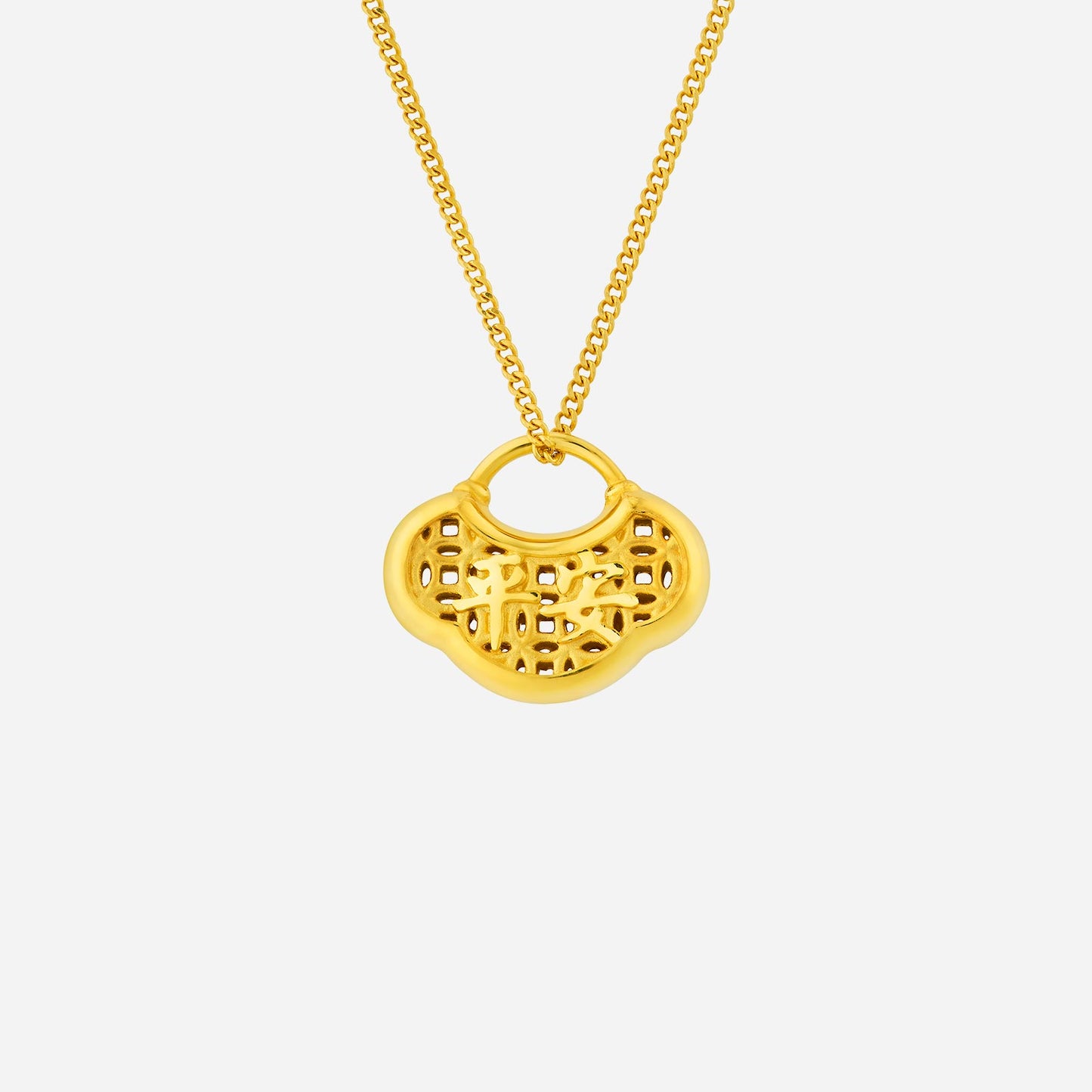 ruyi lock pendant in 22k yellow gold featuring intricate auspicious symbols, hanging from a delicate gold chain.